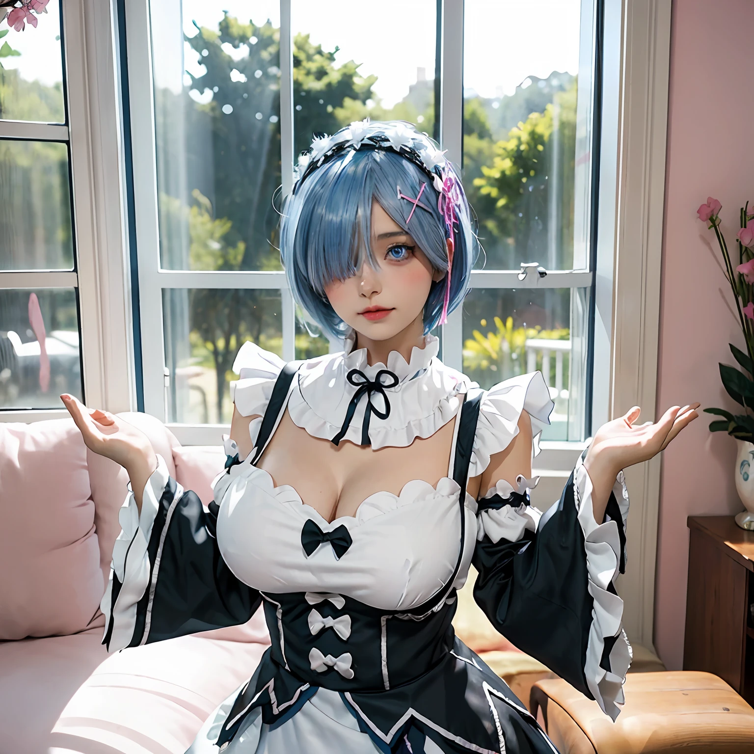 r_Big breasts and big breasts_m, 1girll,(Beautiful face:1.25) Short blue hair, Blue eyes, hair on one eye, hair adornments, pink hairband, rem's maid uniform, Detached sleeves,  Upper body, standing,Indoors, Living room, sofe, gauges, window