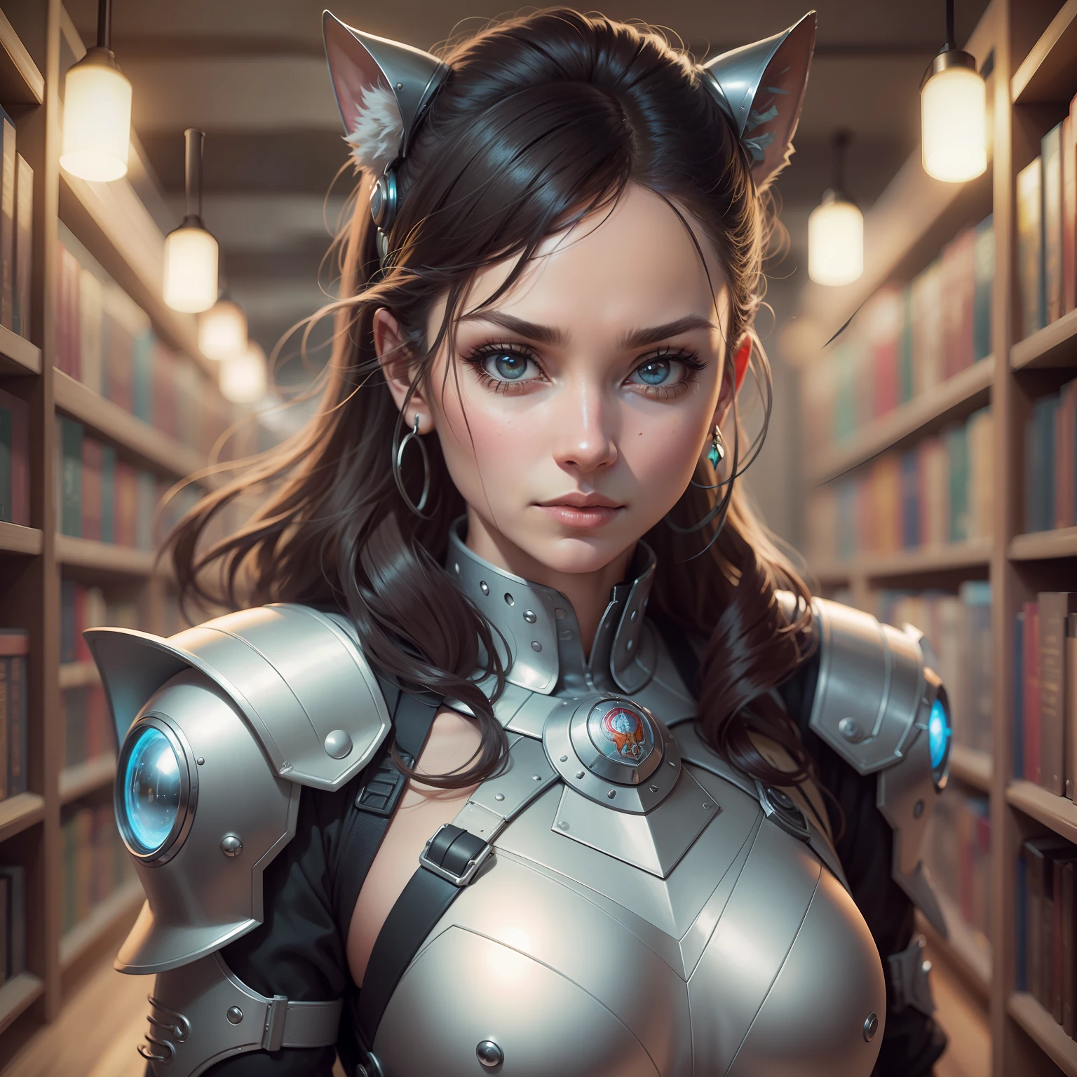 A closeup of a woman in a suit standing in a library, retrato do livro do RPG, mulher scifi, Artgerm Julie Bell Beeple, retrato bonito sci - fi girl, irreal 5. retrato de rpg, retrato da arte do personagem, Olya Bossak, pomba cameron em uma armadura de cavaleiro, Barclay Shaw 8K Fotorrealista, retrato detalhado do caractere, Retrato CGSetivity, Librarian