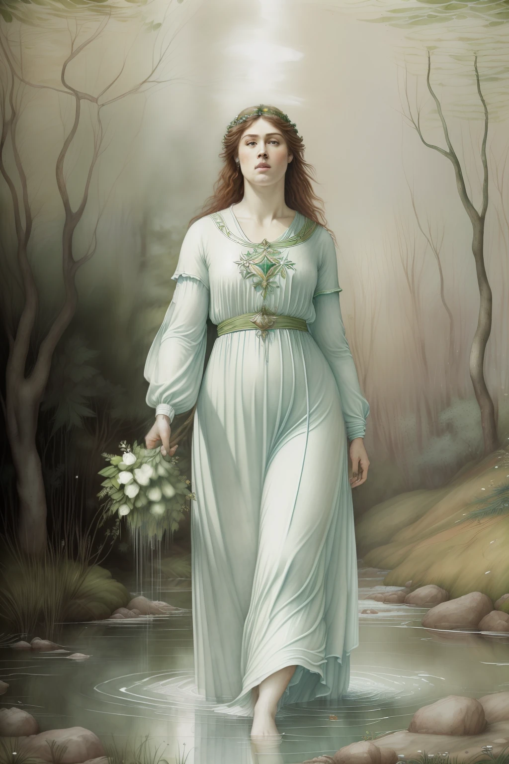 fonte de cura, floresta encantada, juncos. ervas de cura. (((Pre-Raphaelite painting de um druida celta de branco colhendo ervas na beira de uma fonte de cura, medic, ervas de cura, white and green tunic, curandeiro, rosto delicado)))