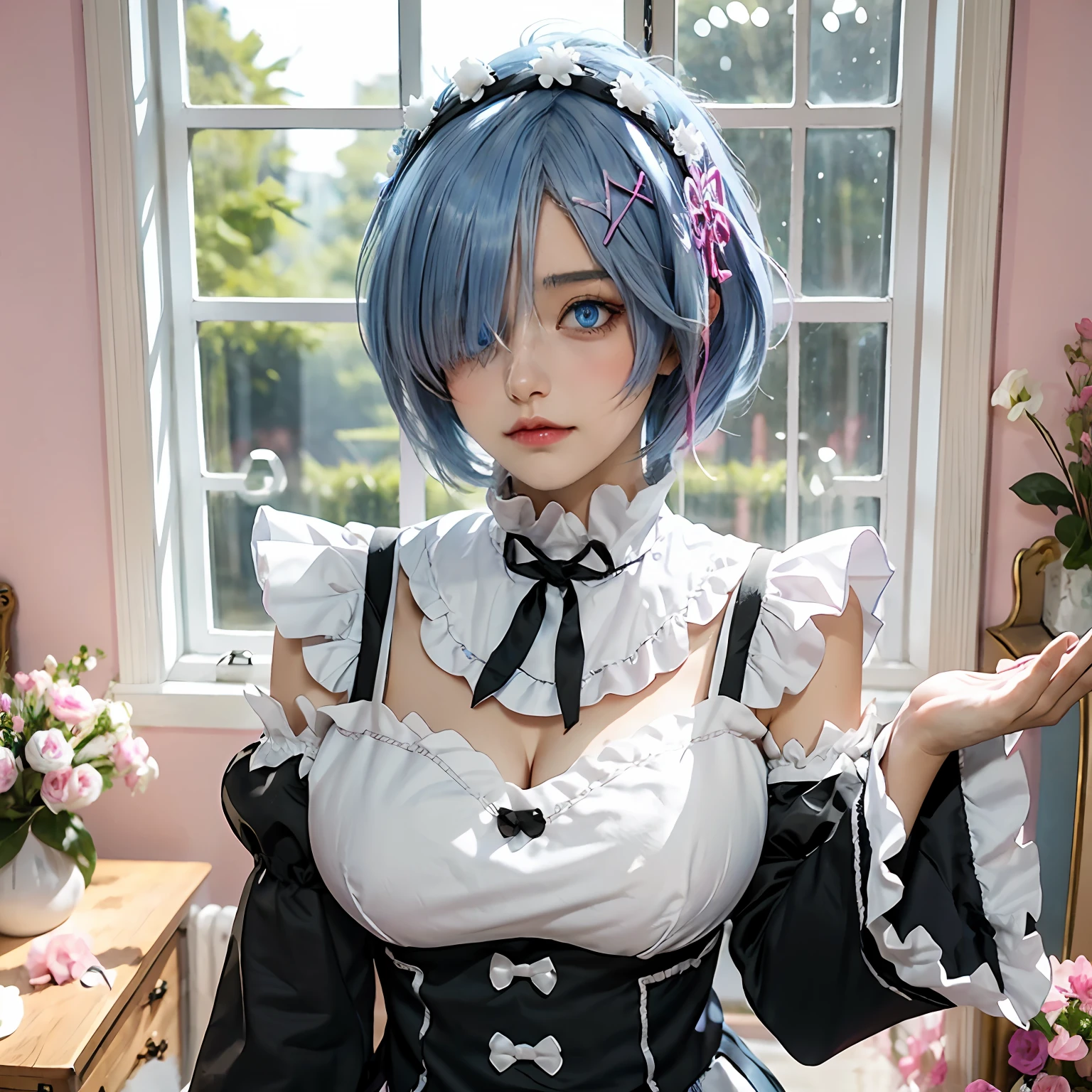 r_big breasts and big breasts_m, 1girll,(Beautiful face:1.25) Short blue hair, Blue eyes, hair on one eye, hair adornments, pink hairband, rem's maid uniform, Detached sleeves,  Upper body, standing,Indoors, Living room, sofe, gauges, window