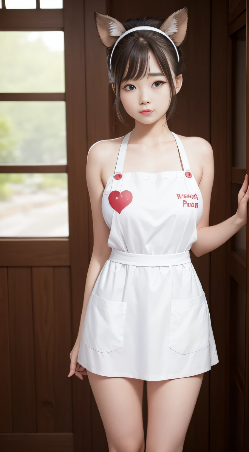 2girls,aprons,NAKED Apron,Heart print,hindquarters,Best quality,Highly detailed,A high resolution,8K,Realistic,Focus,Depth of field