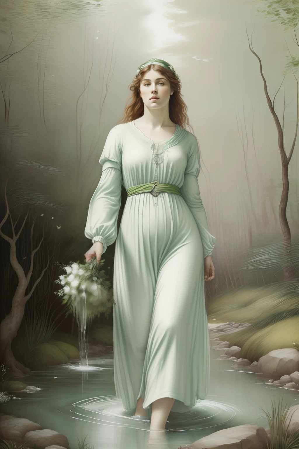 fonte de cura, floresta encantada, juncos. ervas de cura. (((Pre-Raphaelite painting de um druida celta de branco colhendo ervas na beira de uma fonte de cura, medic, ervas de cura, white and green tunic, curandeiro, rosto delicado)))