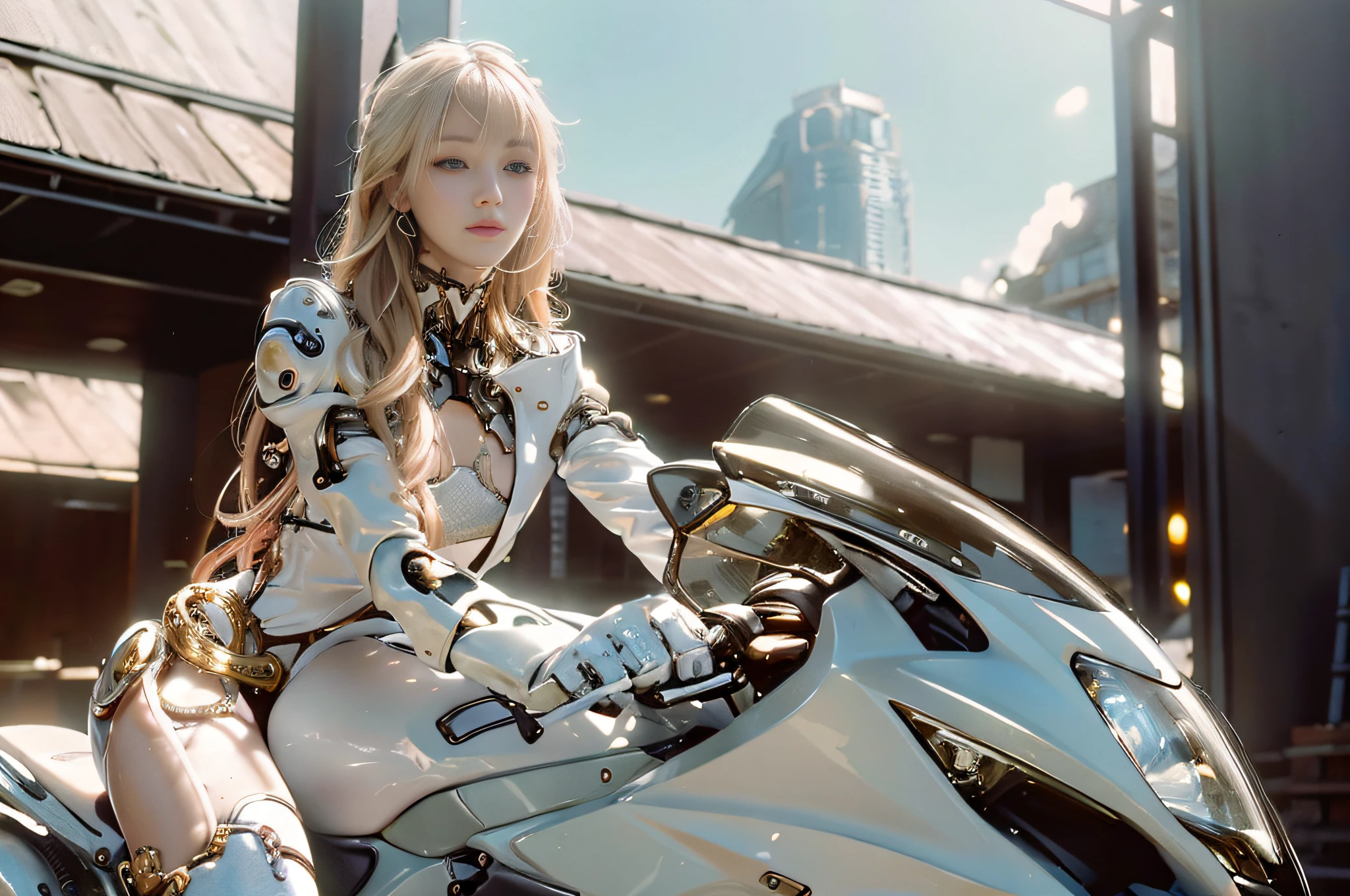 ((masterpiece)), ((best quality)), (ultra-detailed), ((high contrast)), (high saturation), (beautiful detailed eyes), ((an extremely delicate and beautiful)), (nice hands), ((perfect hands)), summer, outdoors, coast, rocky place, sandy beach, sea, girl riding a motorcycle, medium hair, blond hair, asymmetrical bangs, beautiful detailed glass hair, blue eyes, small breasts, mechanical suit, ((gloss body)), (very shiny body), clear parts, jewelry, ornaments, gorgeous, luxurious, fabulous, illuminations scattered all over the body, illumination shines, robort, cyborg, android, bodysuit, realistic, stereoscopic feeling, mecha musume, mechanical parts, super robot joints, full armor, headgear