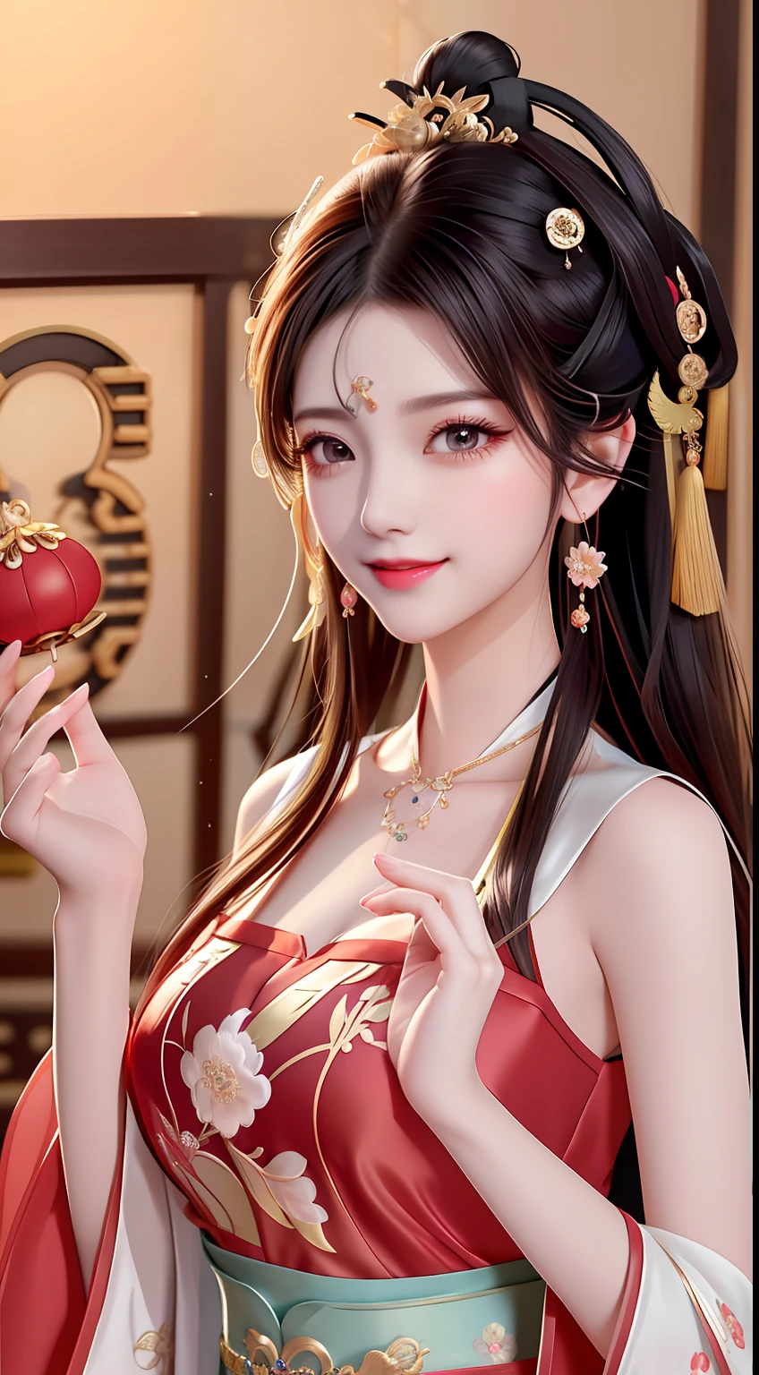 Best quality at best， tmasterpiece， beautiful  face， 1girll， Long_Hair， 独奏，  Porcelain dress，shift dresses，hair adornments， choker necklace， jewely， long whitr hair， 耳Nipple Ring， Chinese clothing details，8K分辨率，超A high resolution，The best picture quality beautiful girl，Peerless beauty，Extremely beautiful（（Bamboo shoot-shaped chest）），（Chinese style ancient style black flowing hair with exquisite buns）By bangs，（Long flowing hair，With a bun:1.3）），Delicate collarbones，beautiful make up，Exquisite and perfect facial features，，Big watery eyes，Lying silkworm，Long eyelashes，The eyes are sweet and have eye shadow，Slim waist，，，(((With a sweet smile on your face:1.3)))，lipsticks，Blushlush，Delicate earring earrings，closeup of face，Bust，(Wearing a translucent purple tulle fairy dress（With exquisite embroidery，With a shirt with large sleeves，Bare shoulders:1.3）)，Fresh and natural，Tranquil and beautiful，Perfect look，Perfectly refined and clear facial features（Meticulous facial portrayal），the most beautiful big eyes，beautiful pupil，long eyelasher，Delicate and beautiful makeup，Be red in the face，Moisturize pink lips，(((Gorgeous sleeveless silk embroidered red modified Hanfu)))，The chest is full and rounded，Black shiny hair coiled（Chinese antique hairstyle design），Beautiful hairpin hair accessories，Beautiful earring necklace，Noble temperament，Slim waist，Slender and long legs，perfect bodies，Sexy and charming，Precise and perfect human anatomy，Facing the viewer，Inside the magnificent palace，Carved fence jade，Works of masters，tmasterpiece，Best quality at best，high high quality，A high resolution，，cinmatic lighting，depth of fields，Close-up。