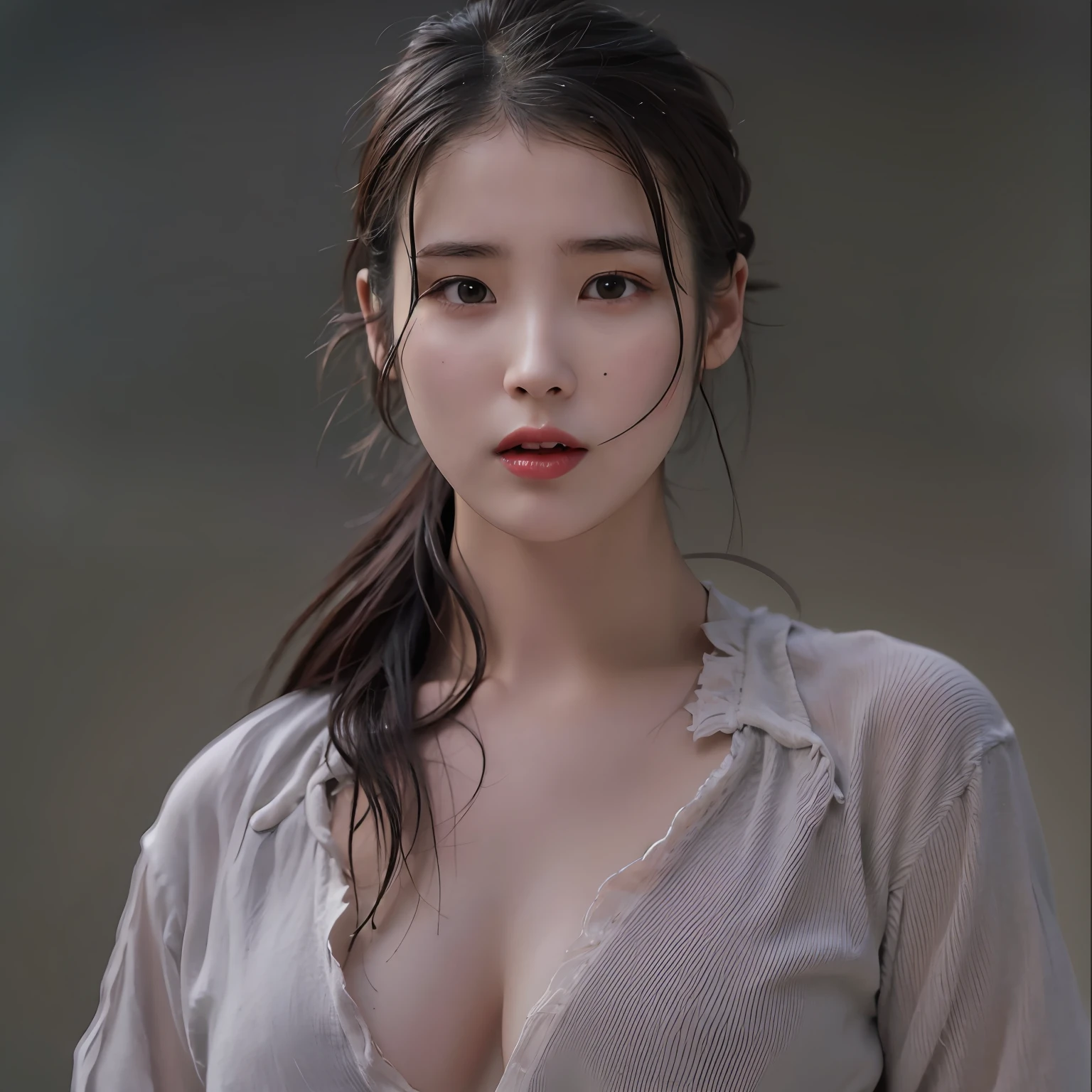 nikon RAW photo,8 k,Fujifilm XT3,photorealistic,realistic, solo, photorealistic, best quality, ultra high res, (skin spots:0.1) serious expression, , standing and surrounded by mwn, topless but covering her with her arms, short, wet and tight shirt,Suit skirt beautiful, masterpiece, best quality, extremely detailed face, perfect lighting, solo,1girl, sexy sight best quality, ultra high res, photorealistic, ultra detailed, masterpiece, best quality, iu1, fully naked provoking men, seductive