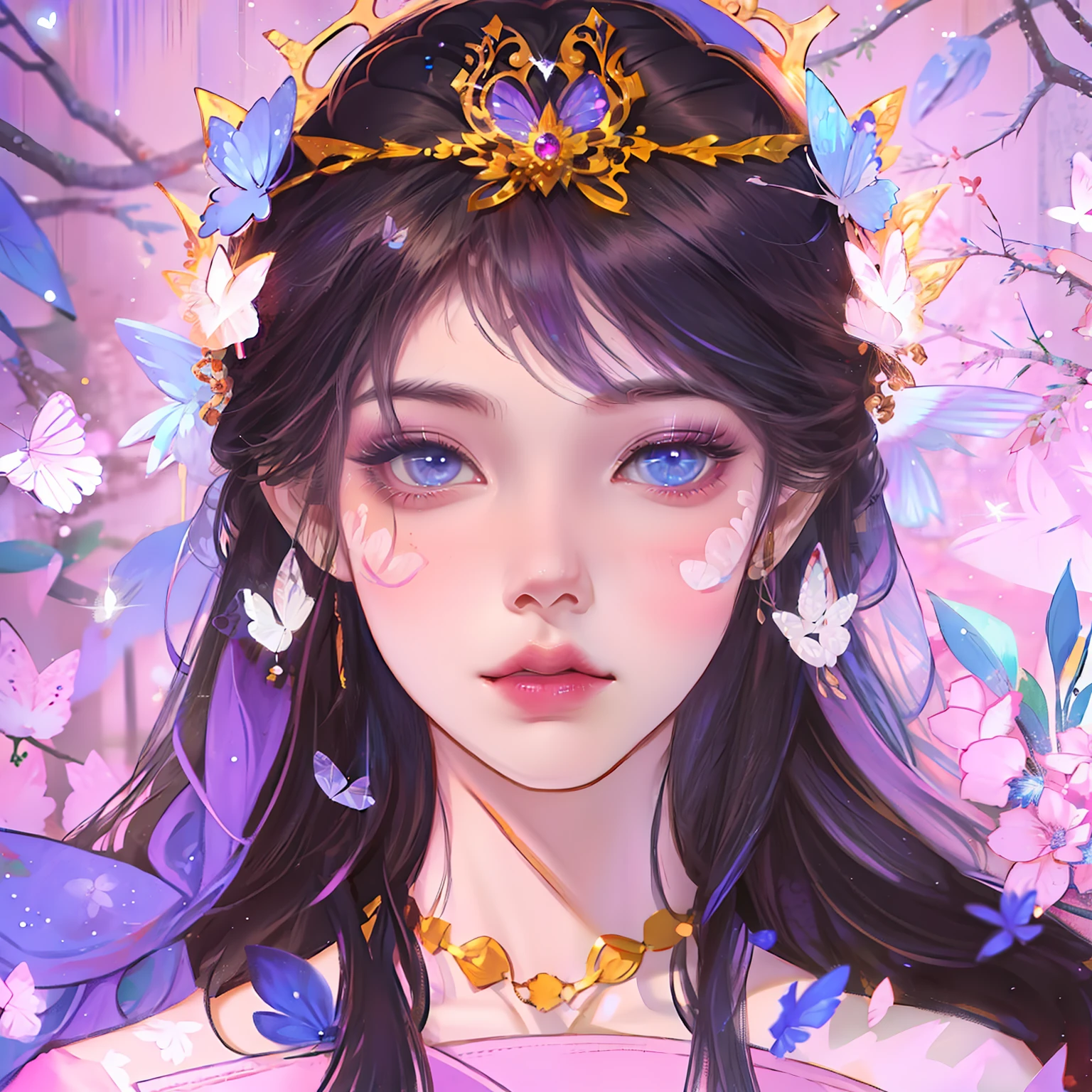 Woman wearing butterfly headdress,It's very beautiful,The expression is arrogant,The eyes are blue,One pink