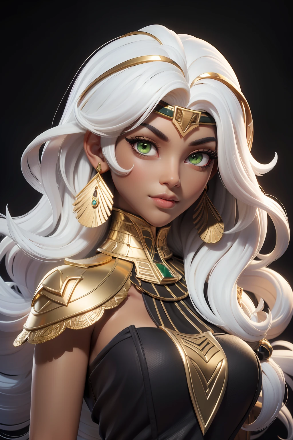 masterpiece, best quality, 1 girl, lime green eyes, dark skin, white hair, long hair, gold earrings, egyptian, jewelry, black dress, simple background, solo, upper body, curly hair