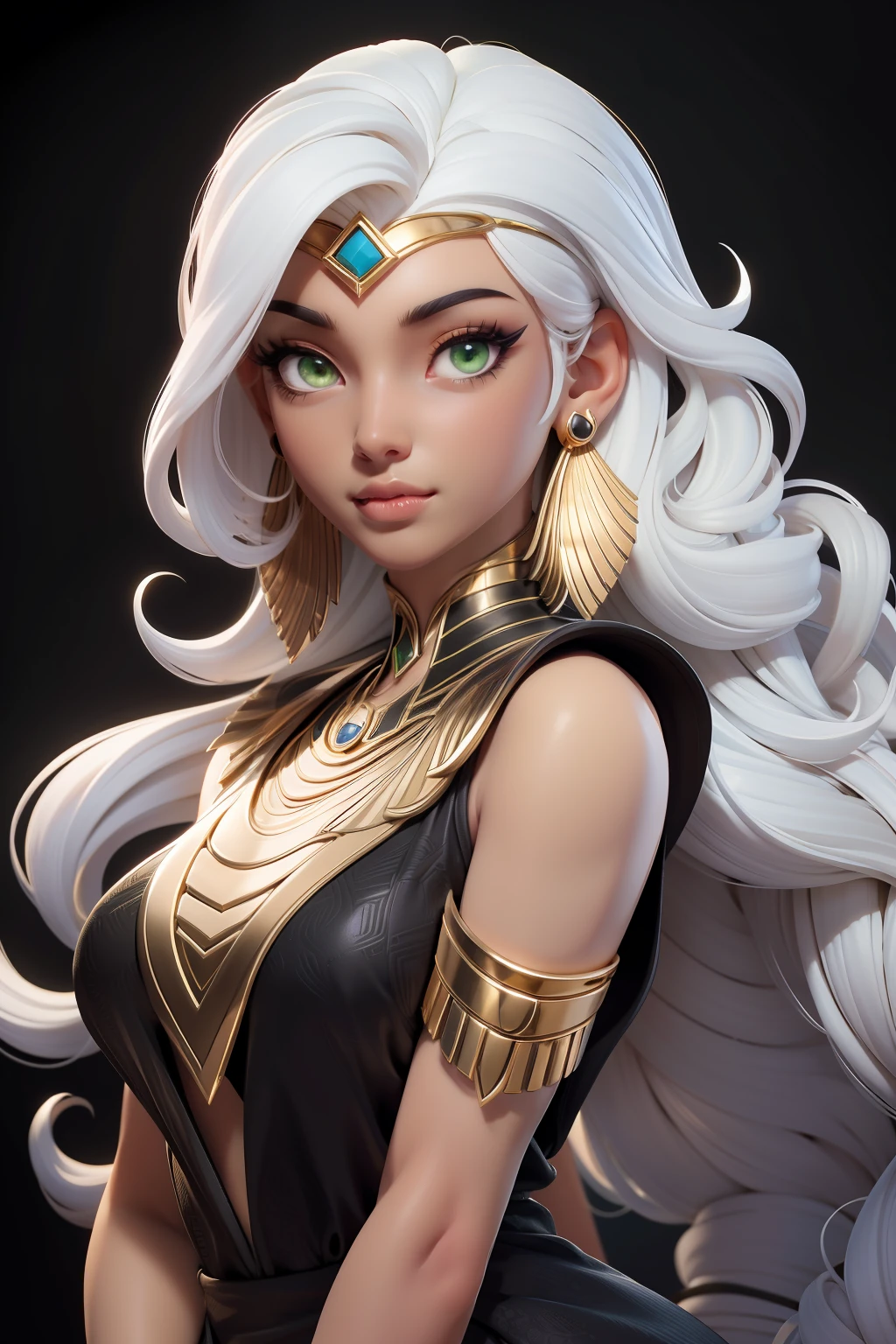 masterpiece, best quality, 1 girl, lime green eyes, dark skin, white hair, long hair, gold earrings, egyptian, jewelry, black dress, simple background, solo, upper body, curly hair