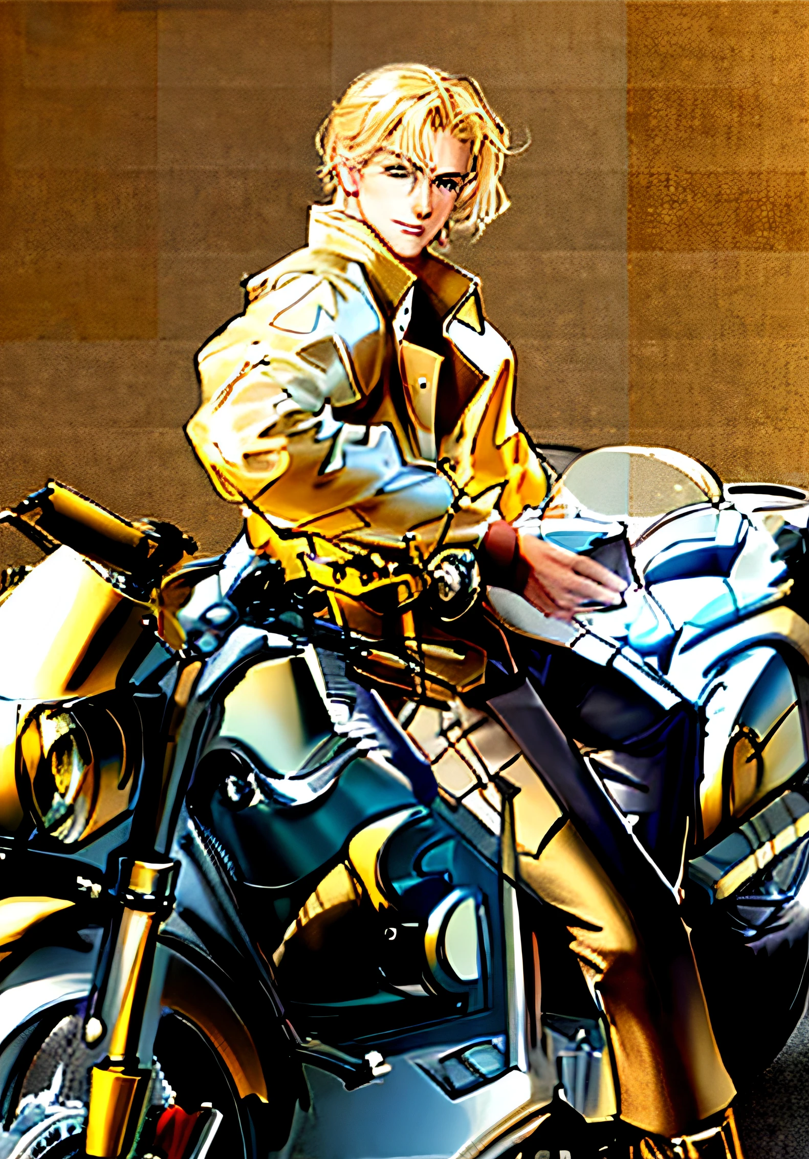 A handsome man on a motorcycle,light-blonde hair,Wheat-colored skin,black leather clothes,Gripping moments,HD picture,Detailed illustrations