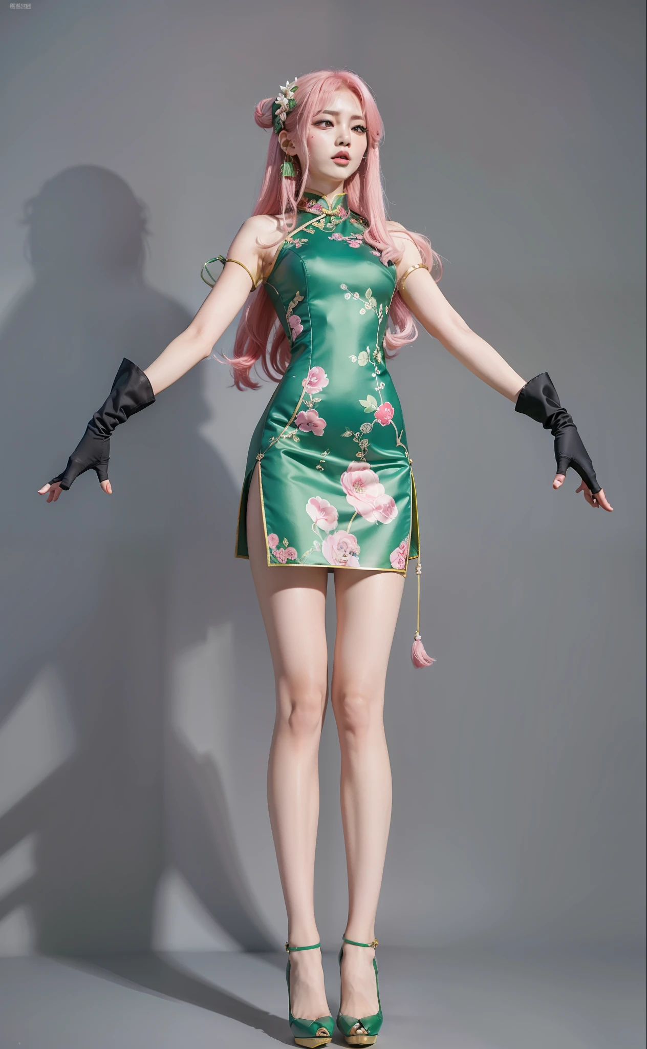"Perfect,4K,Live cos，A pink-haired，mitts，climaxing，shuang，Be red in the face，Beds，Royal Sister，Green cheongsam，green high heels，"