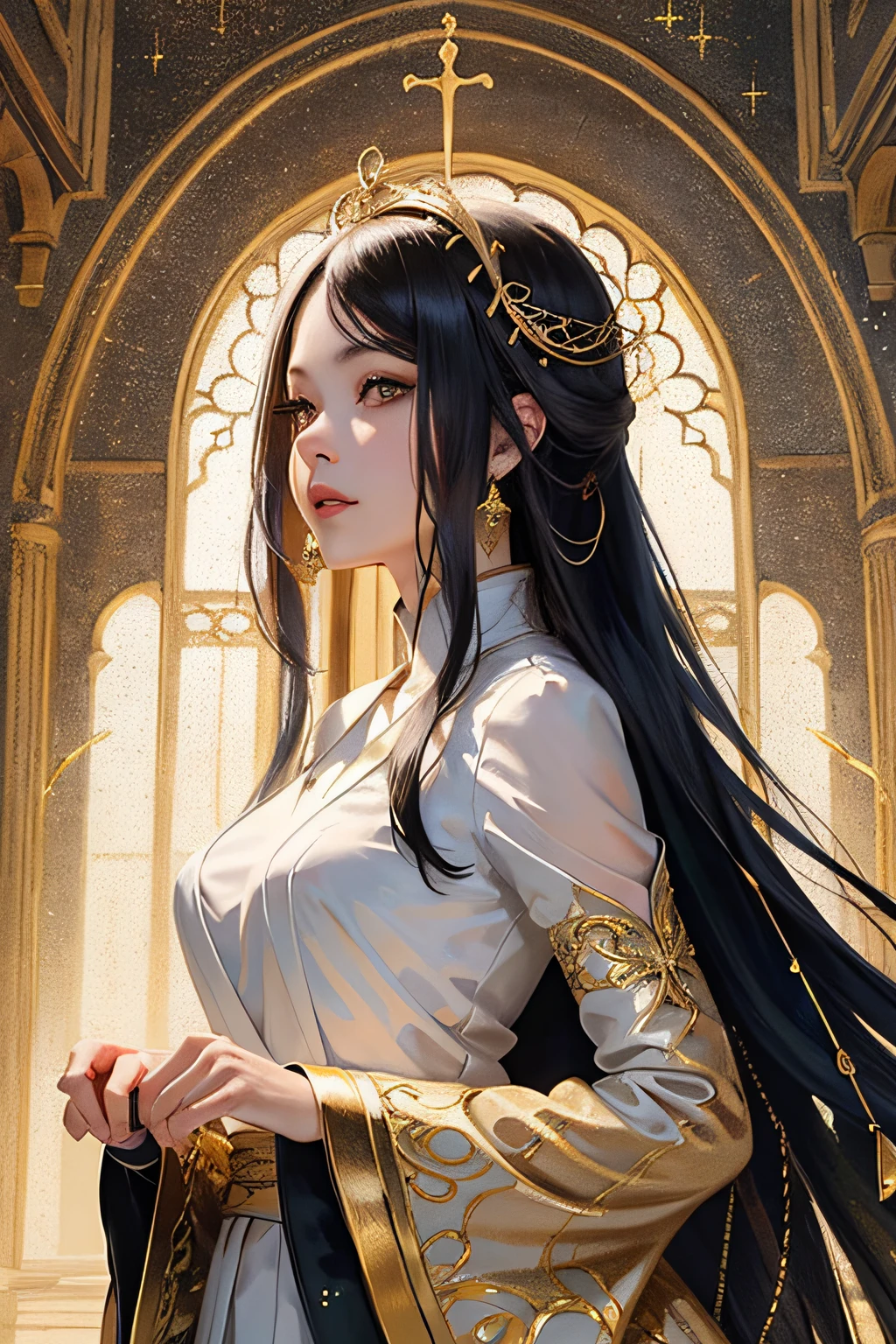 （tmasterpiece，top Quority，best qualtiy，offcial art，Beautiful and aesthetic：1.2），（1girl），Extremely detailed，Colorful，highestdetailed，（（All body，Hanfu））offcial art，统一 8k 壁纸，ultra - detailed，Beautiful and aesthetic，big breasts beautiful，tmasterpiece，best qualtiy，（zentangle，datura，Tangles，entangled），holy rays，gold foil，Gold leaf art，glitter drawing，PerfectNwsjMajic