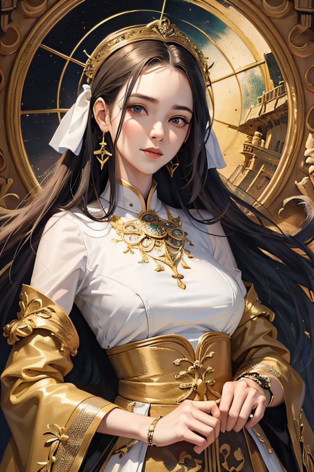 （tmasterpiece，top Quority，best qualtiy，offcial art，Beautiful and aesthetic：1.2），（1girl），Extremely detailed，Colorful，highestdetailed，（（All body，Hanfu））offcial art，统一 8k 壁纸，ultra - detailed，Beautiful and aesthetic，big breasts beautiful，tmasterpiece，best qualtiy，（zentangle，datura，Tangles，entangled），holy rays，gold foil，Gold leaf art，glitter drawing，PerfectNwsjMajic