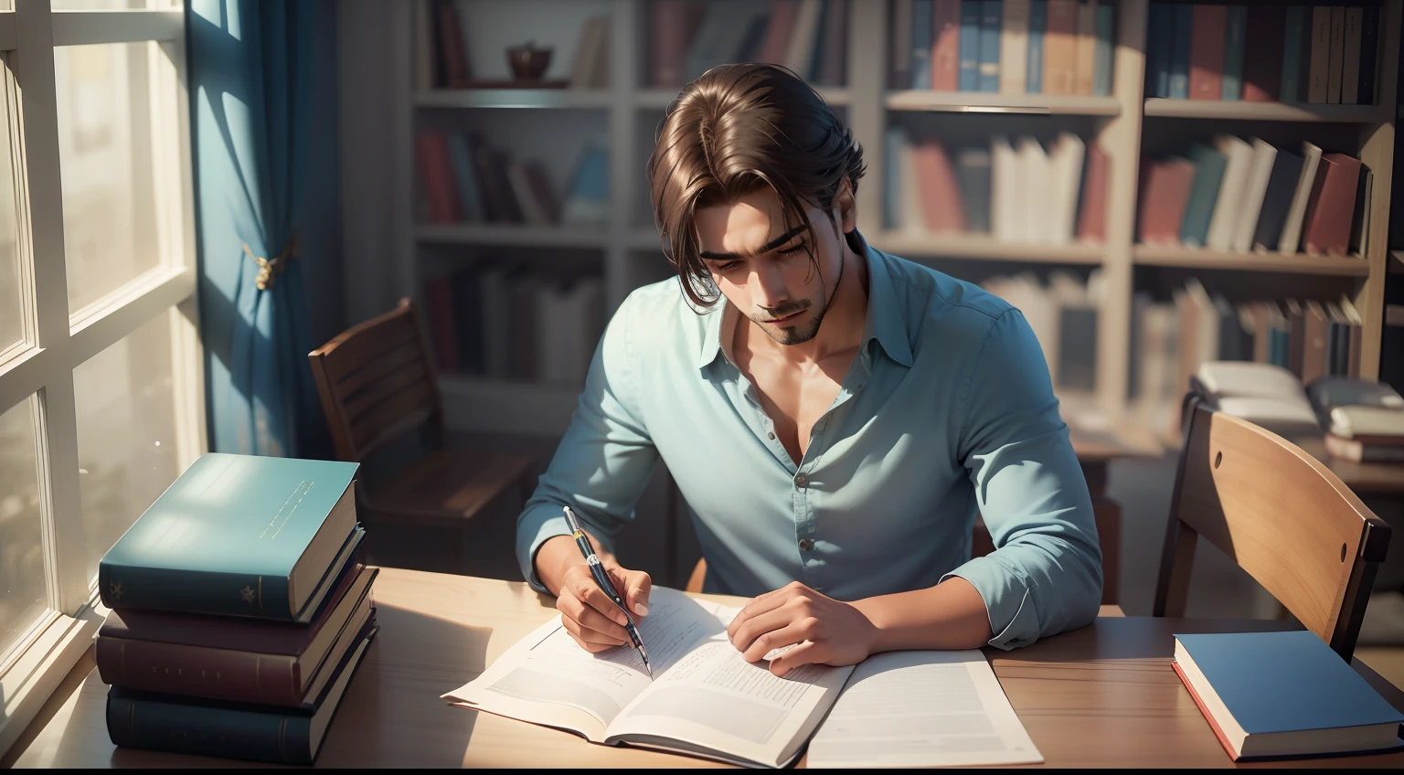 HOMEN - cabelo preto,Man sitting at a table with a book and a pencil in his hand, estudioso, tentando estudar, bem editado, biblioteca de livros estudando, leitura na biblioteca, Estudar, assunto completo, estudar em uma sala iluminada, Postagem no Reddit, conhecimento intenso, estudante, em uma biblioteca, foto - shot, estudo elegante, bem focado, assunto completo em tiro