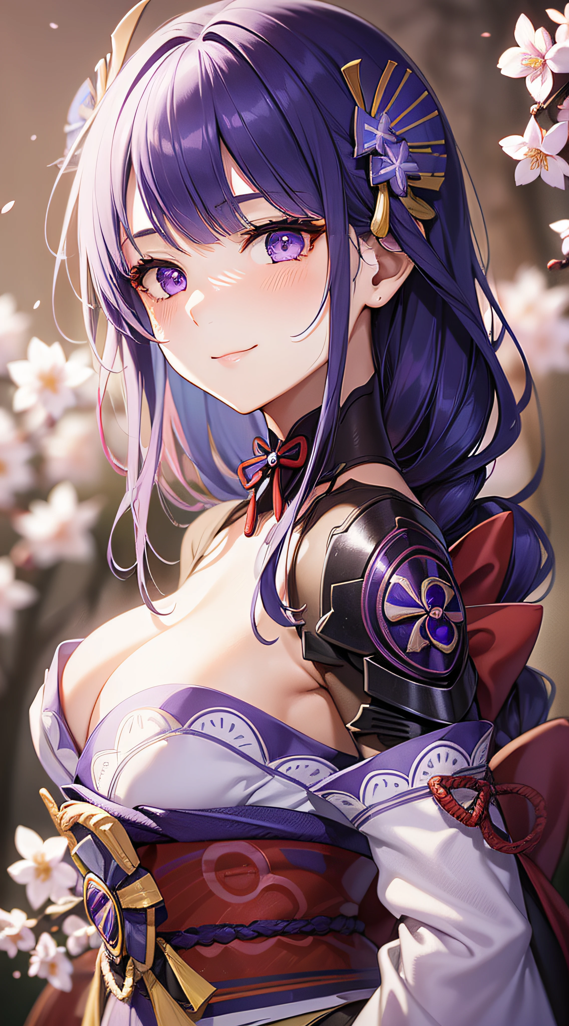 1gril, solo, beautiful female, (breast focus), (breasts out:1.1), medium breasts, outdoor, cherry blossom, wind effect, gradient hair, blue hair, purple hair, lonely, ray tracing, reflection light, natural light, depth of field, close-up, masterpiece, best quality, high details, high quality, accurate, textured skin, UHD, RTX, (blushing:1.2), beautiful smile, beautiful eyes, detailed eyes, gradient colorful eyes, glowing eyes, ((Raiden Shogun)), full body