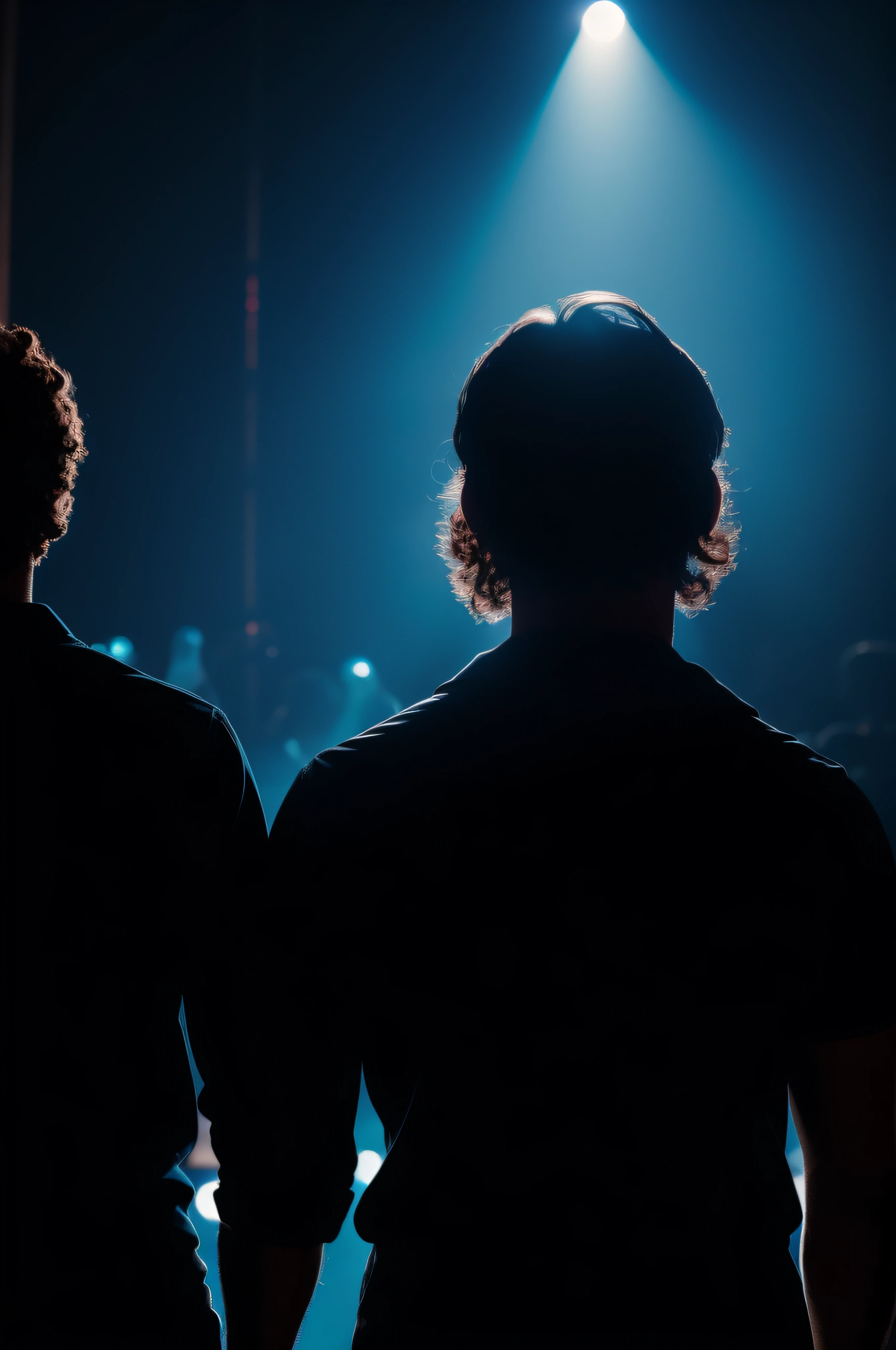 telephoto shot of people at a concert from the back without seeing any faces and hands, backlit shot with blue concert lights with two people on top of two others