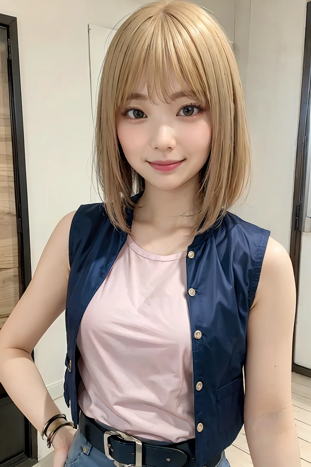 blond woman in a、shorth hair、Smaller chest、Short sleeve T-shirt in pink color、Wearing a navy sleeveless jacket over a t-shirt、Wearing light blue jeans、Wearing a black belt、A bracelet、Posing with a smile at home(top-quality、Master masterpiece)))、HD fine、ighly detailed、Master masterpiece、