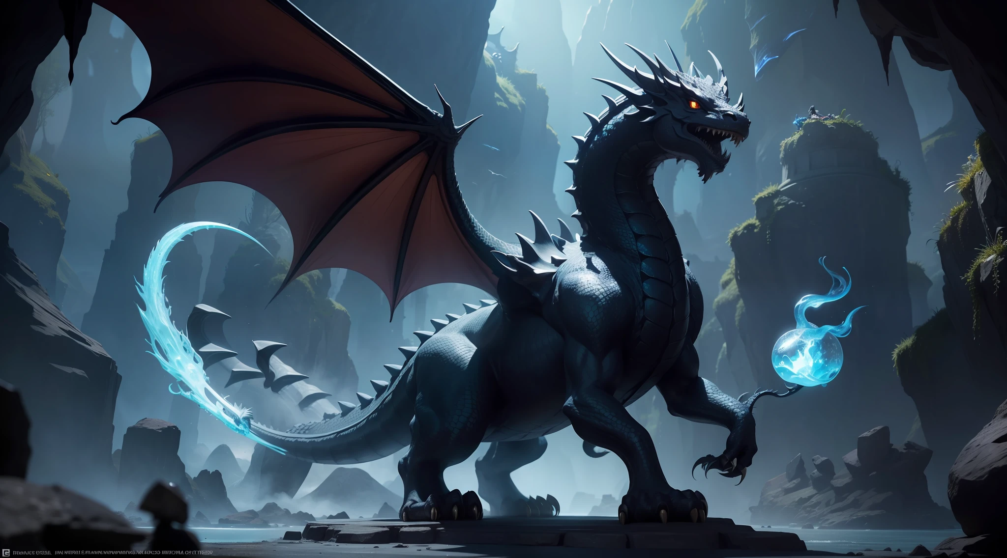 tmasterpiece, Best quality at best,No Man,Big perspective,A black dragon guards a lair full of gems and coins,The meticulous dragon scales shine with a colorful black light,Stalactite caves,lair,dream magical,Shine, Take control of the magic,Floating magic is everywhere,Dragon mouth breathes fire, The face of the dragon-shaped animal is delicate, 4K rendering is extremely accurate