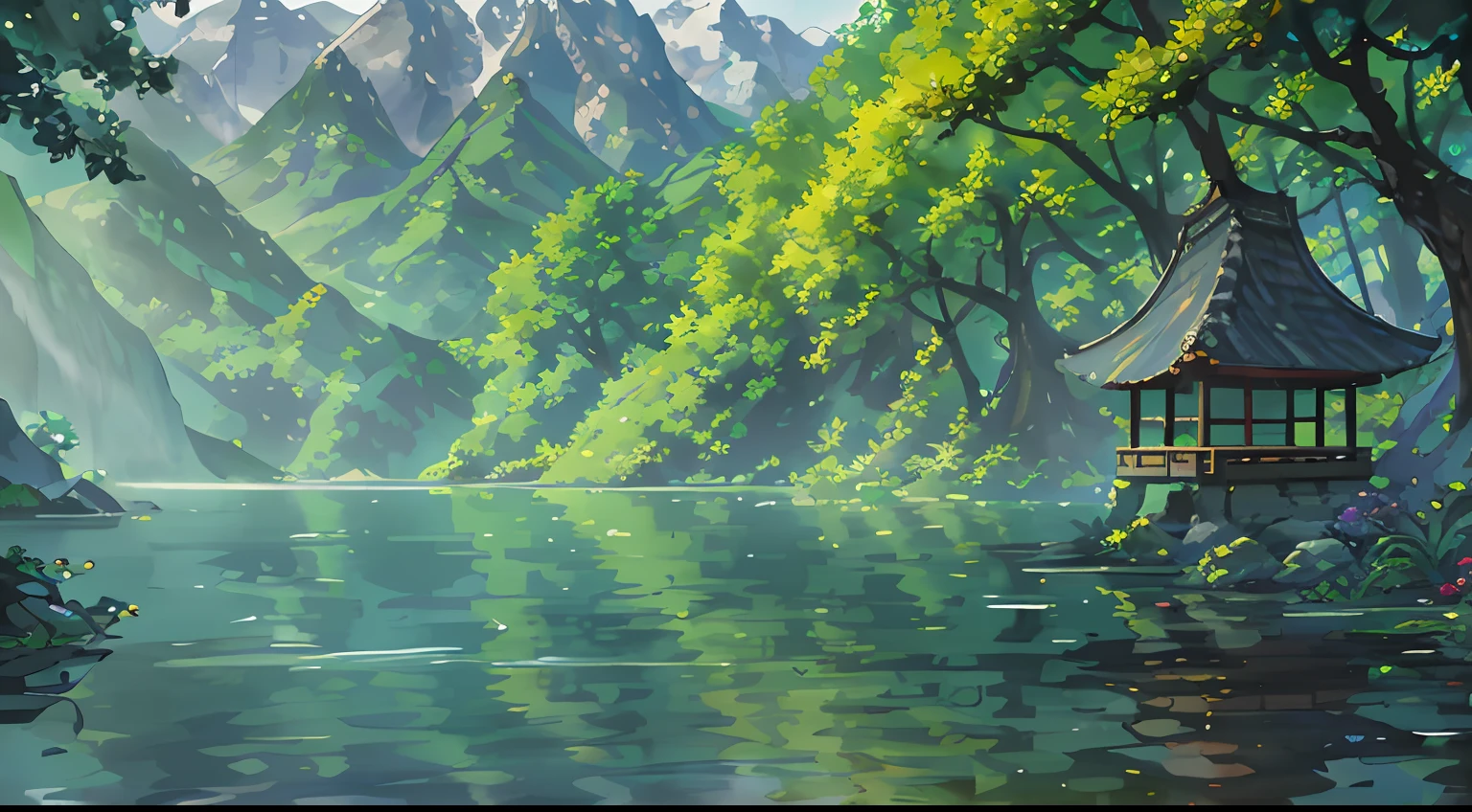 Chinese ancient times, spring, jungle, lake, cave, waterfall, tree, meadow, rock, deer, hot spring, water vapor, (illustration: 1.0), epic composition, realistic lighting, HD details, masterpiece, best quality, (very detailed CG unified 8k wallpaper)