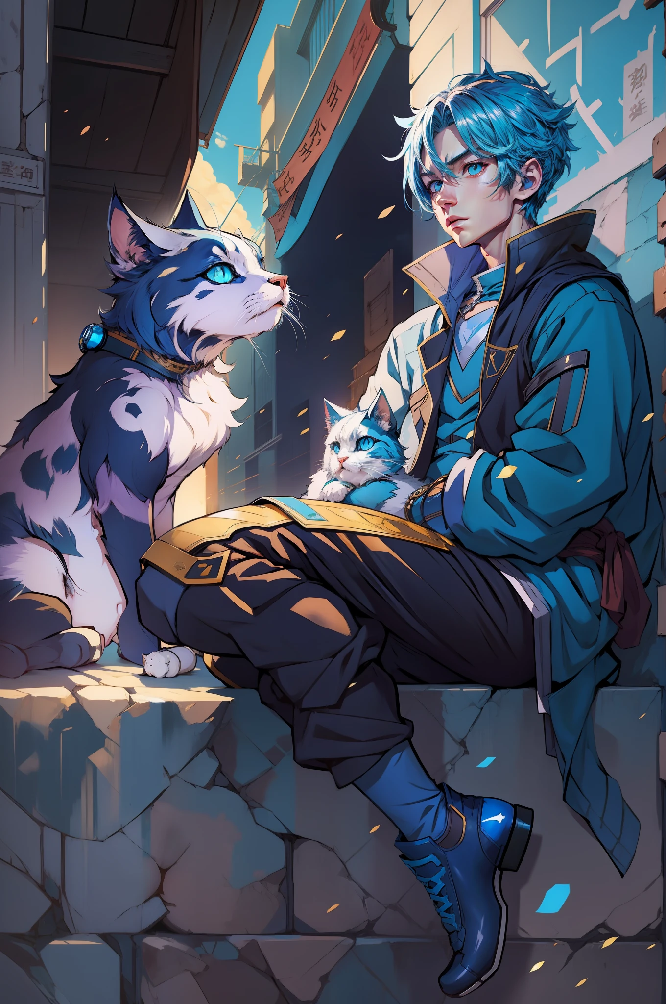 :0,Arafed man with blue hair and blue eyes sitting on a ledge with a cat, Art not Guweiz style, Estilo anime 4K, Estilo Ross Tran, Menina anime com cabelo martelo, por Yuumei, Arte de anime realista, Estilo anime 2D, Guweiz em Pixiv ArtStation, Anime Art Wallpaper 8K