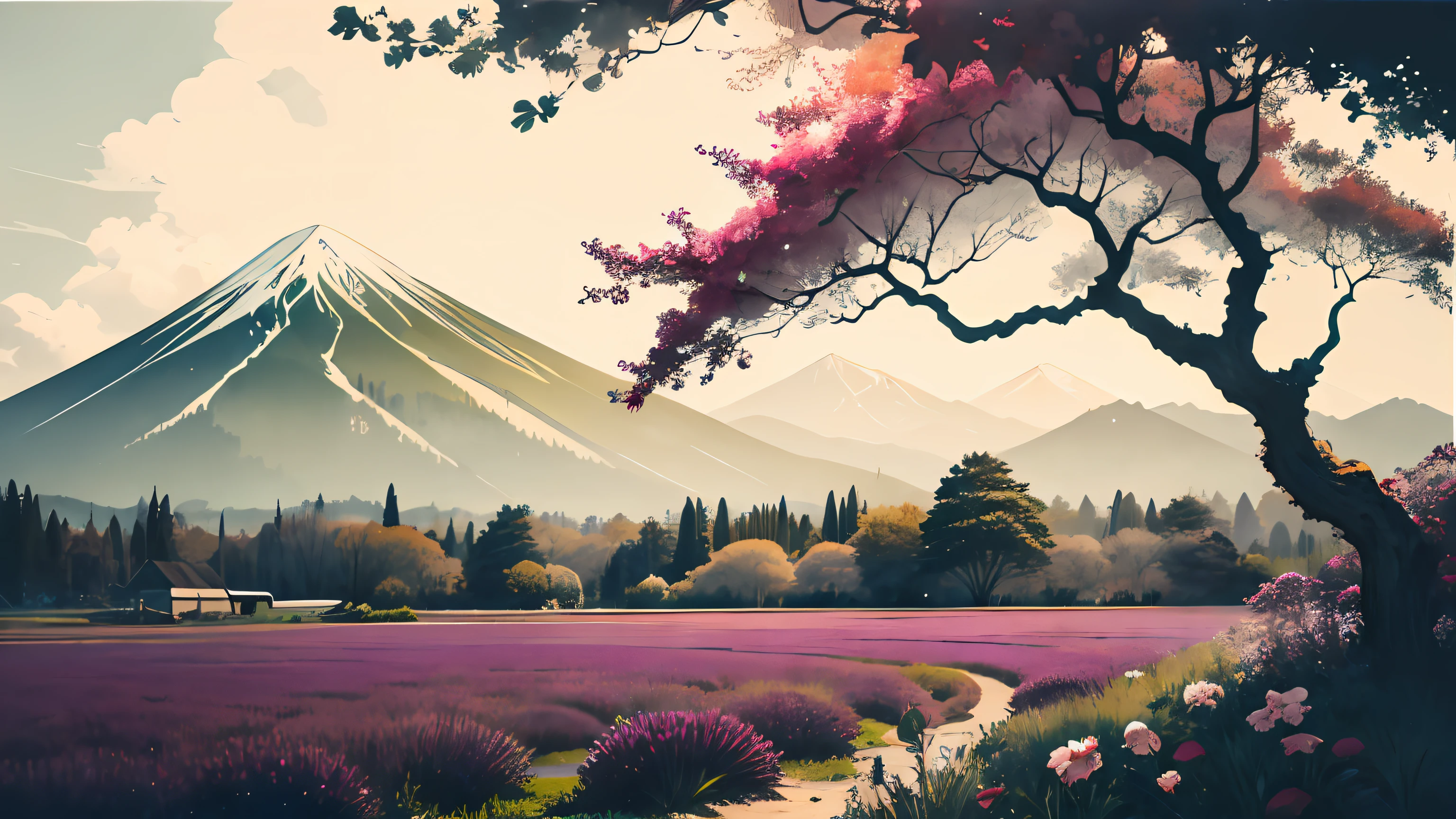 absurdres, highres, (Organic theme:1.2), ultra detailed BREAK lomography, (analog photography:1.2), vibrant colors, soft focus, light leaks, dreamy atmosphere, experimental charm, nostalgic appeal BREAK color field painting, large swaths of color, abstract expressionism, bold hues, emotional impact, atmospheric depth, minimalist approach BREAK A tranquil, serene orchard with apple trees in full bloom, A lively, energetic sports stadium filled with the roar of the crowd, A tranquil, serene hillside covered with blooming lavender,