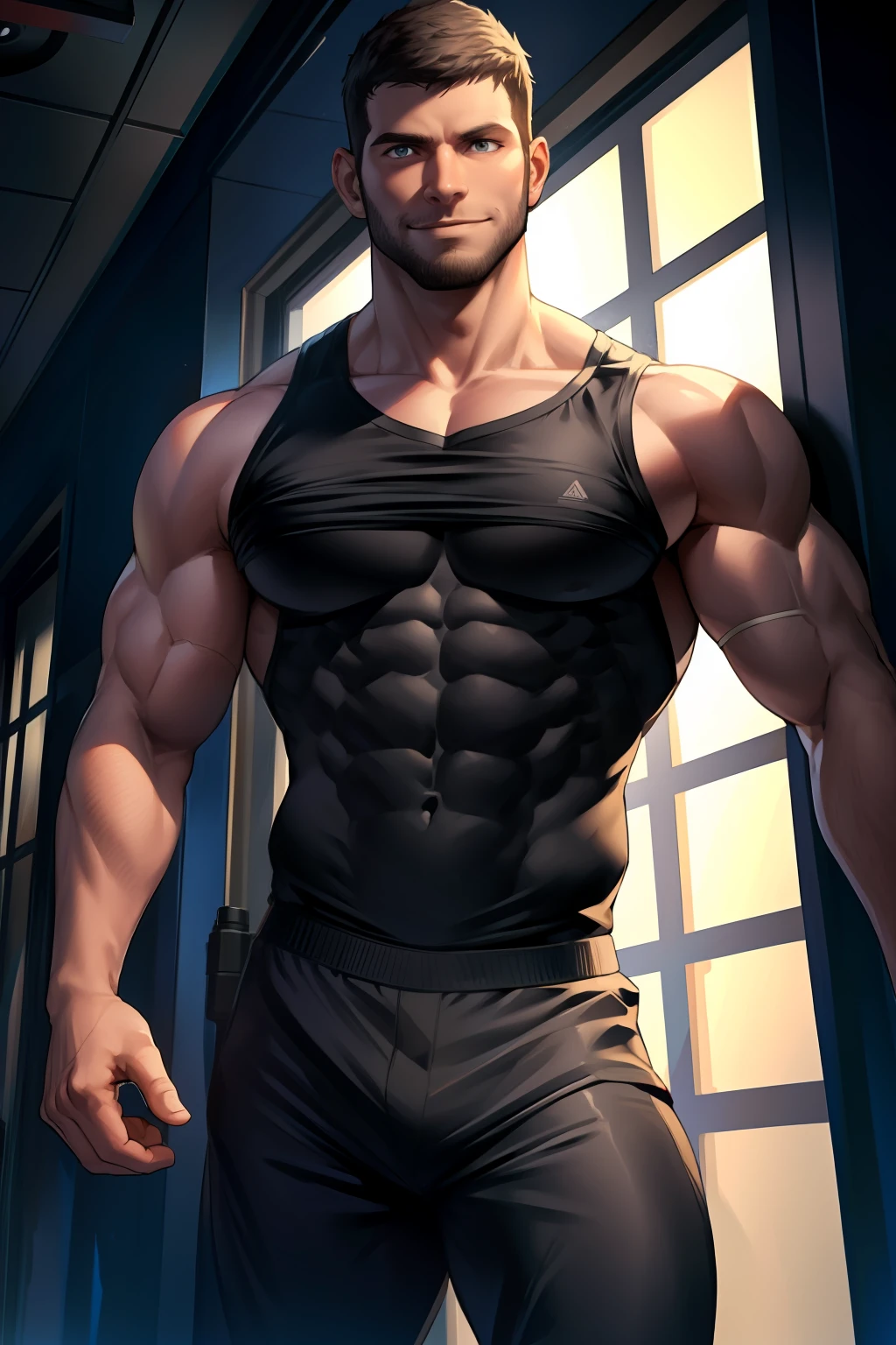 1 man, solo, 35 year old, Chris Redfield, wearing grey T shirt, smirks, black color on the shoulder and a bsaa logo on the shoulder, millitary tactical suit, tall and hunk, biceps, abs, chest, best quality, masterpiece, high resolution:1.2, upper body shot, dark black gloomy hallway in the background, detailed face, shadow, volumetric lighting, center focus, low camera angle