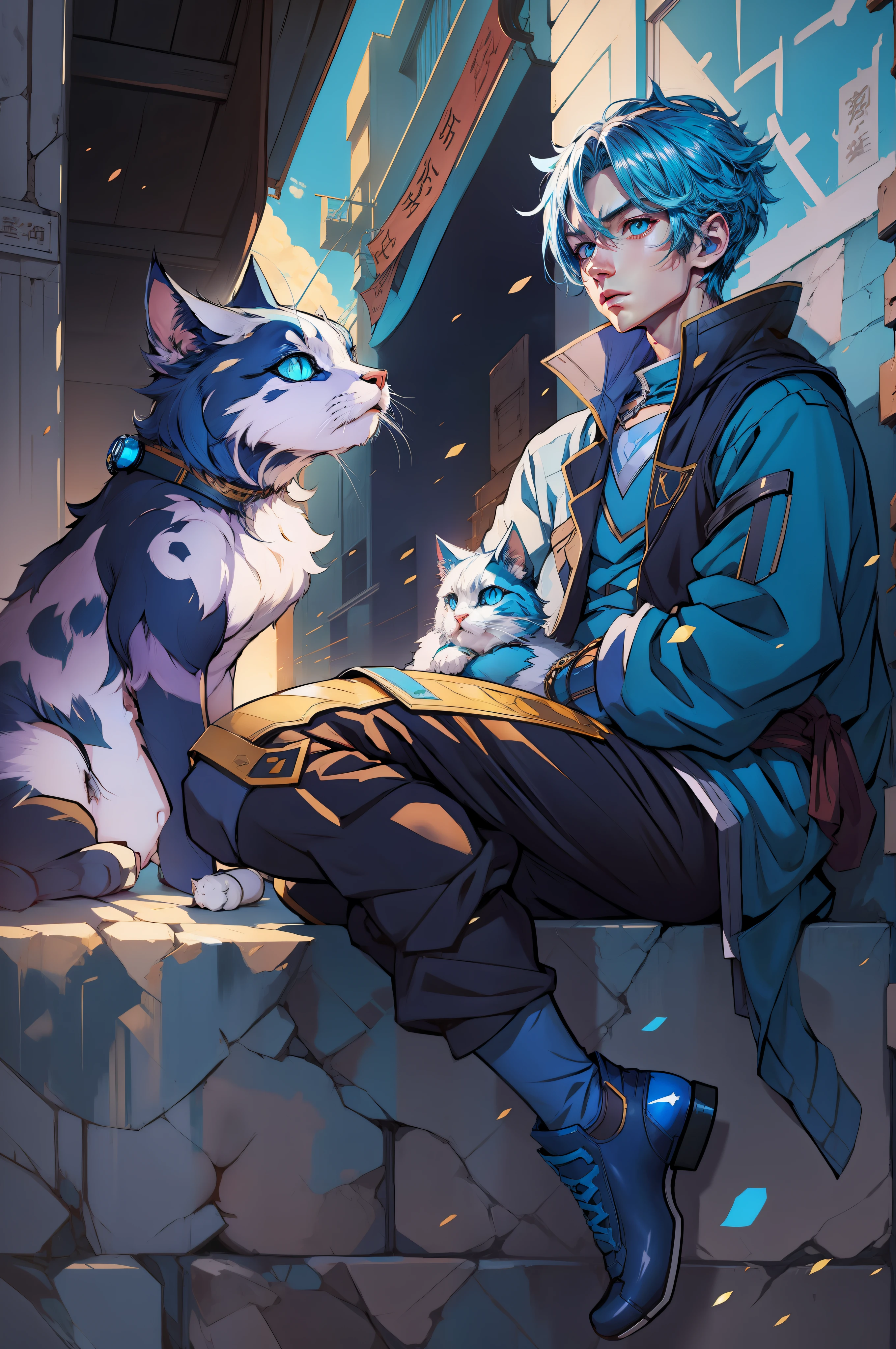 :0,Arafed man with blue hair and blue eyes sitting on a ledge with a cat, Art not Guweiz style, Estilo anime 4K, Estilo Ross Tran, Menina anime com cabelo martelo, por Yuumei, Arte de anime realista, Estilo anime 2D, Guweiz em Pixiv ArtStation, Anime Art Wallpaper 8K