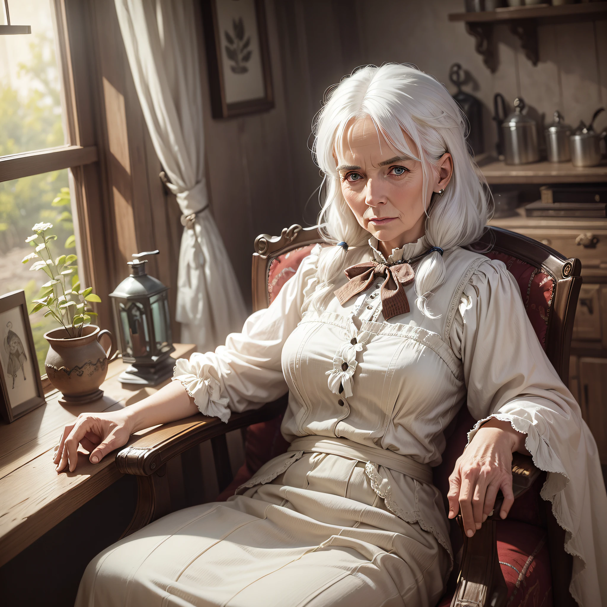 white haired old western woman sits on an armchair in her cottage --auto --s2