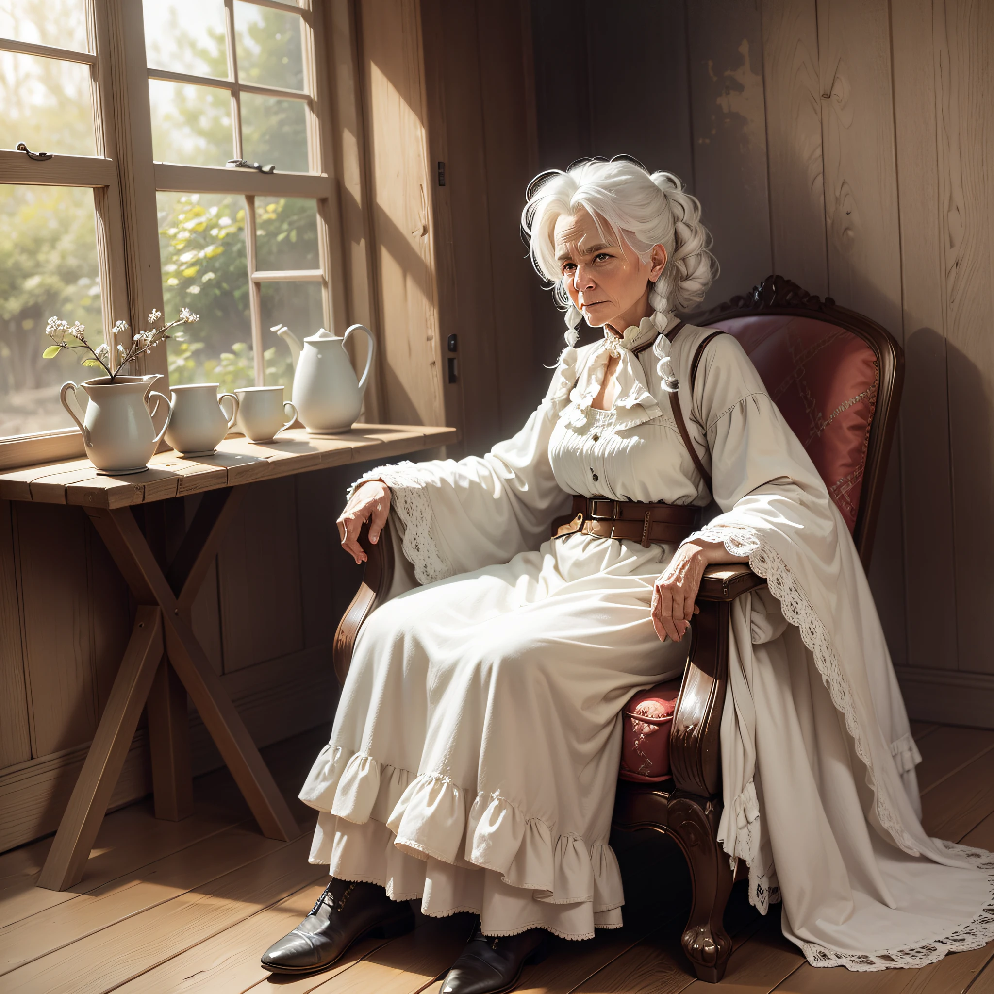 white haired old western woman sits on an armchair in her cottage --auto --s2
