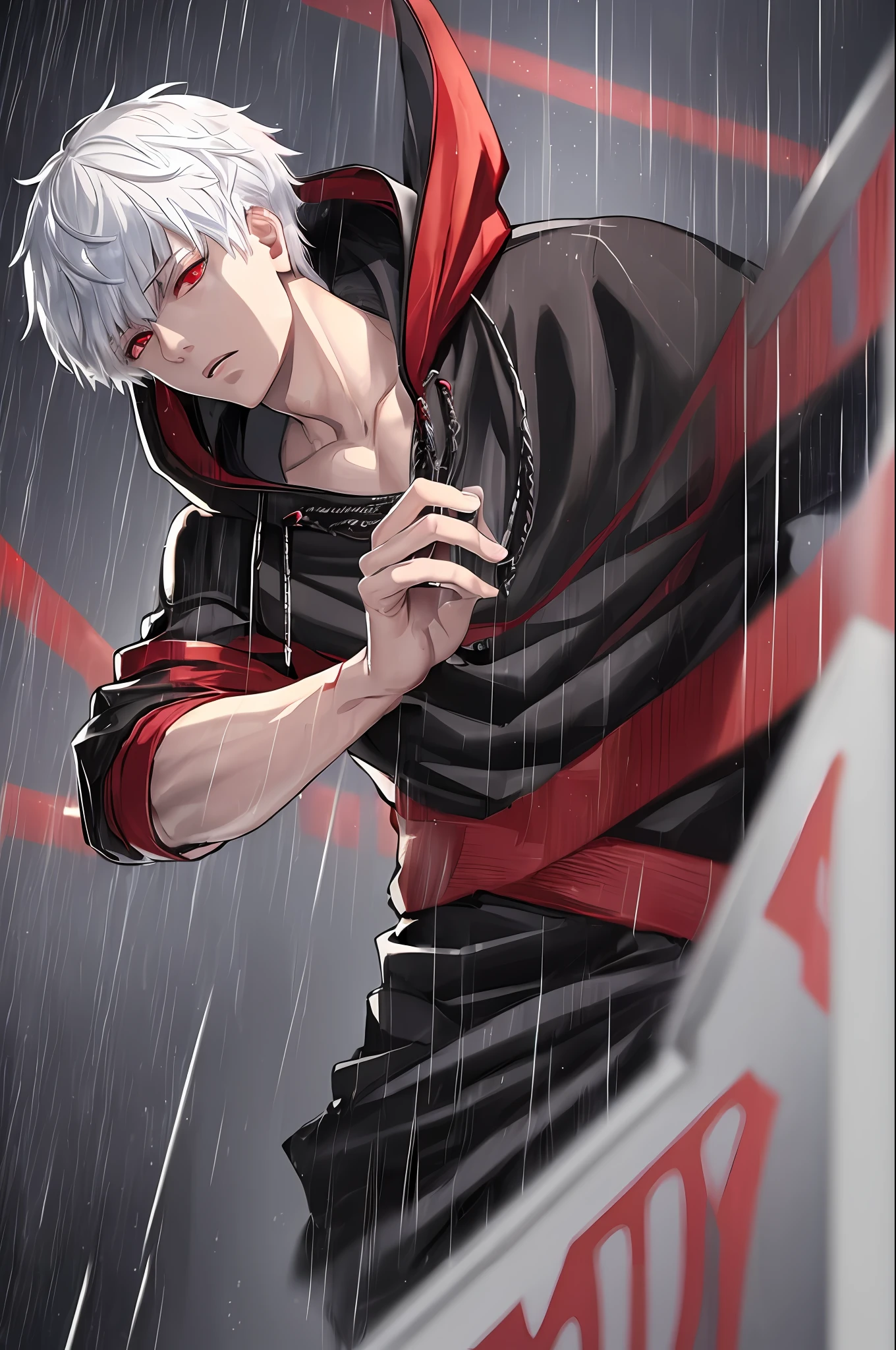 kk, best quality, more details, masterpiece, 1boy, kaneki ken, portrait, male focus, red eyes, solo, bangs, looking at viewer, hood, short hair, rain, tokyo tokyo \(city\), hood up, nail polish, white hair, luxurious, 8k, detailed, ray tracing, depth of field, cinematic lighting,