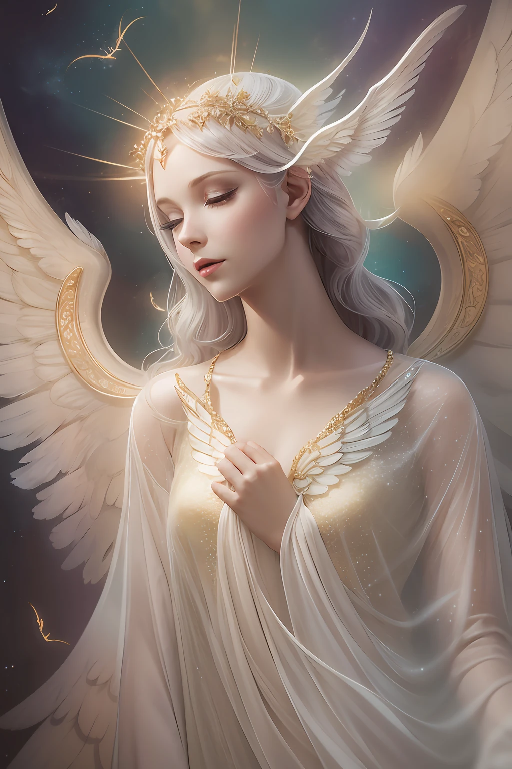An angel is depicted with a pale and luminous complexion, their skin seemingly glowing with an otherworldly radiance. They are adorned with a pair of sparkling and graceful wings, symbolizing their divine nature. The scene is ethereal and enchanting, capturing the beauty and mystery of these celestial beings. angel, pale, luminous, complexion, glowing, otherworldly, radiance, sparkling, graceful, wings, divine, ethereal, enchanting, beauty, mystery.upper body,