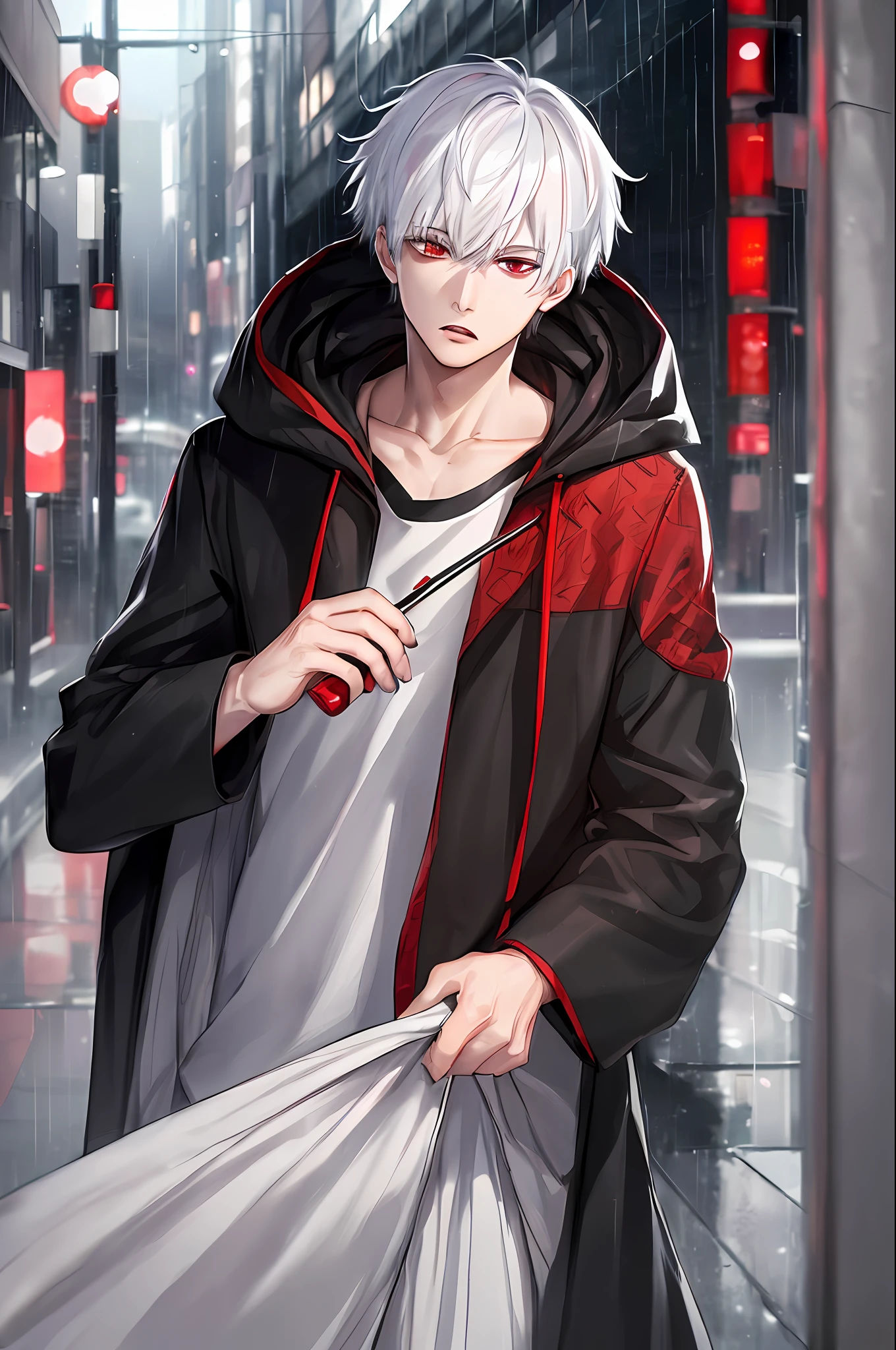 kk, best quality, more details, masterpiece, 1boy, kaneki ken, portrait, male focus, red eyes, solo, bangs, looking at viewer, hood, short hair, rain, tokyo tokyo \(city\),  hood up, nail polish, white hair, luxurious, 8k, detailed, ray tracing, depth of field, cinematic lighting,