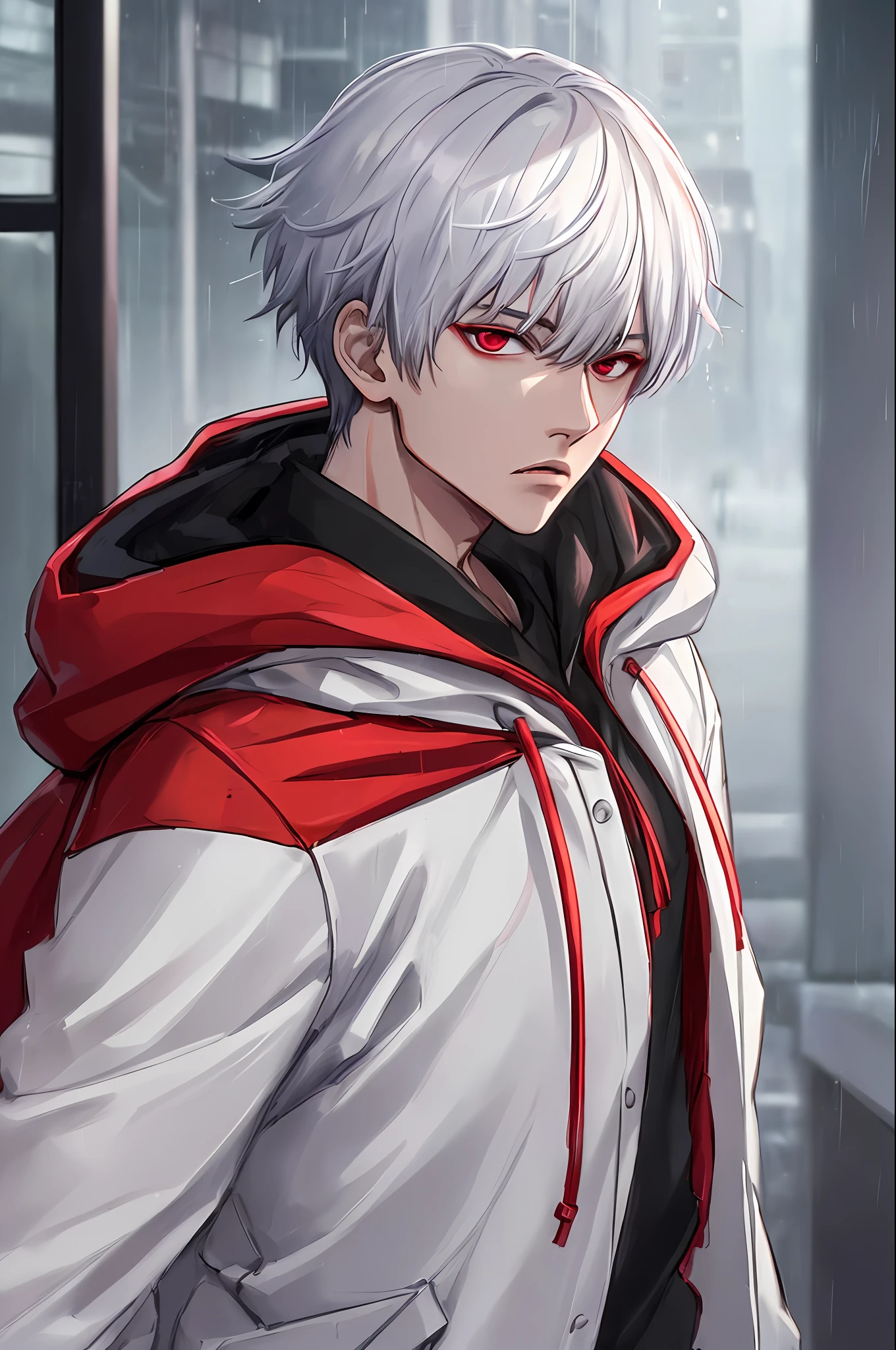 kk, best quality, more details, masterpiece, 1boy, kaneki ken, portrait, male focus, red eyes, solo, bangs, looking at viewer, hood, short hair, rain, tokyo tokyo \(city\),  hood up, nail polish, white hair, luxurious, 8k, detailed, ray tracing, depth of field, cinematic lighting,