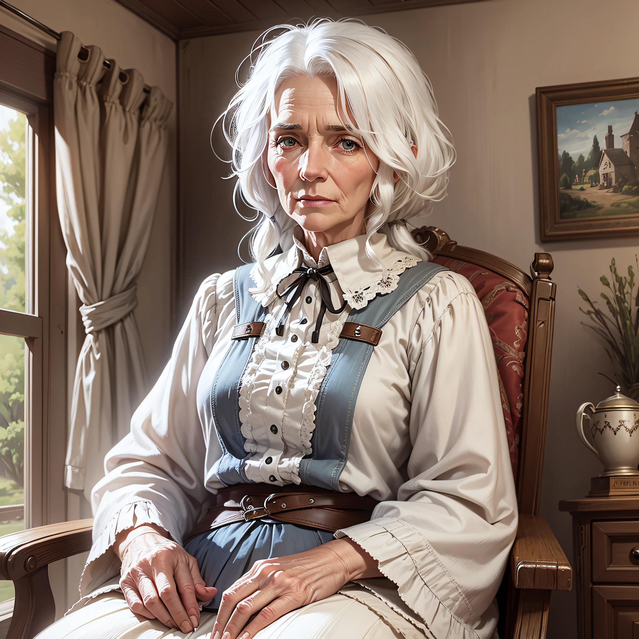 white haired old western woman sits on an armchair in her cottage --auto --s2