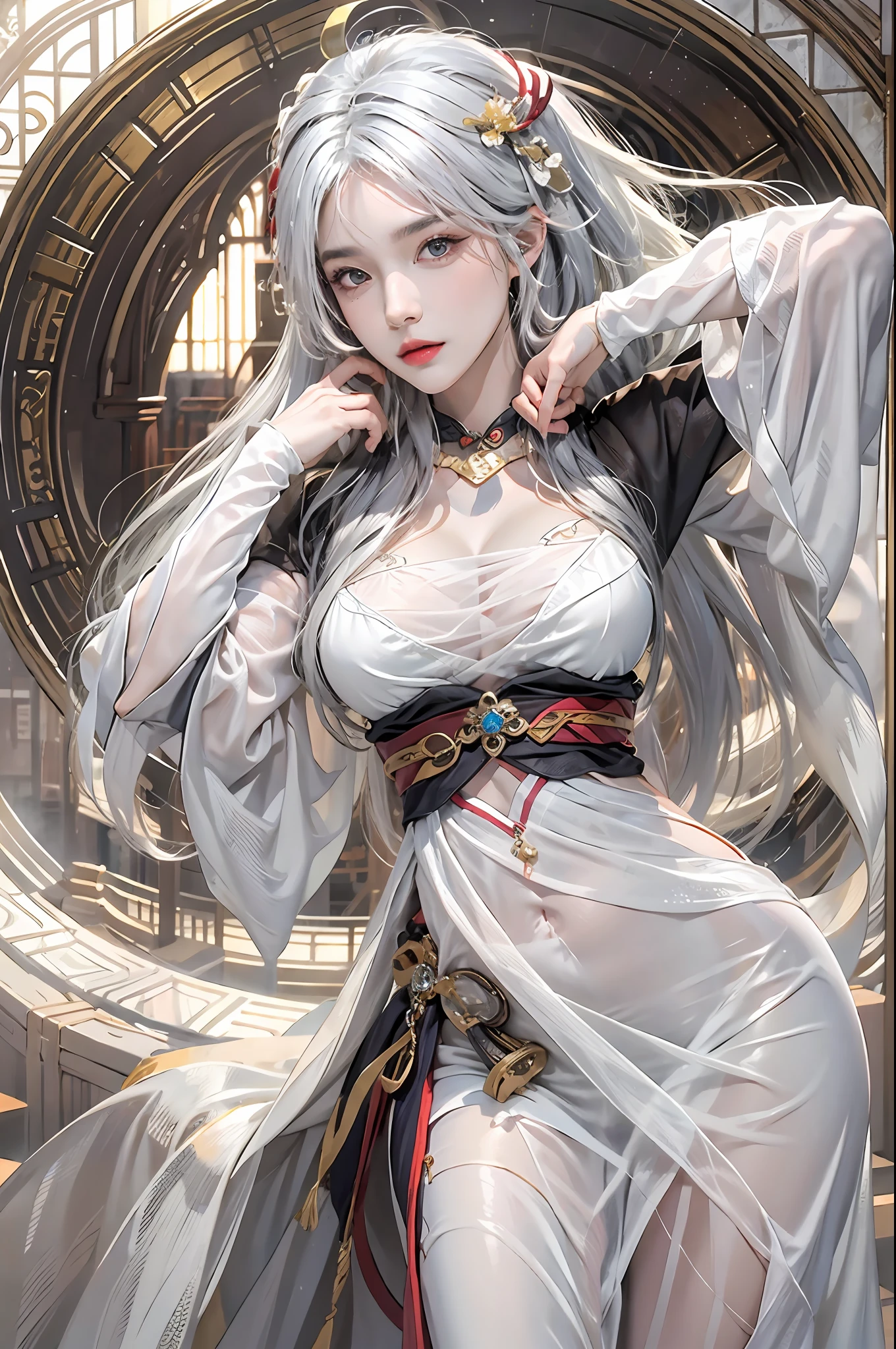 photorealistic, high resolution, 1women, solo, hips up, look at viewer, (detailed face), narrow waist, closed lips, white hair, long hair, ganyu costume, genshin impact, jewelry
