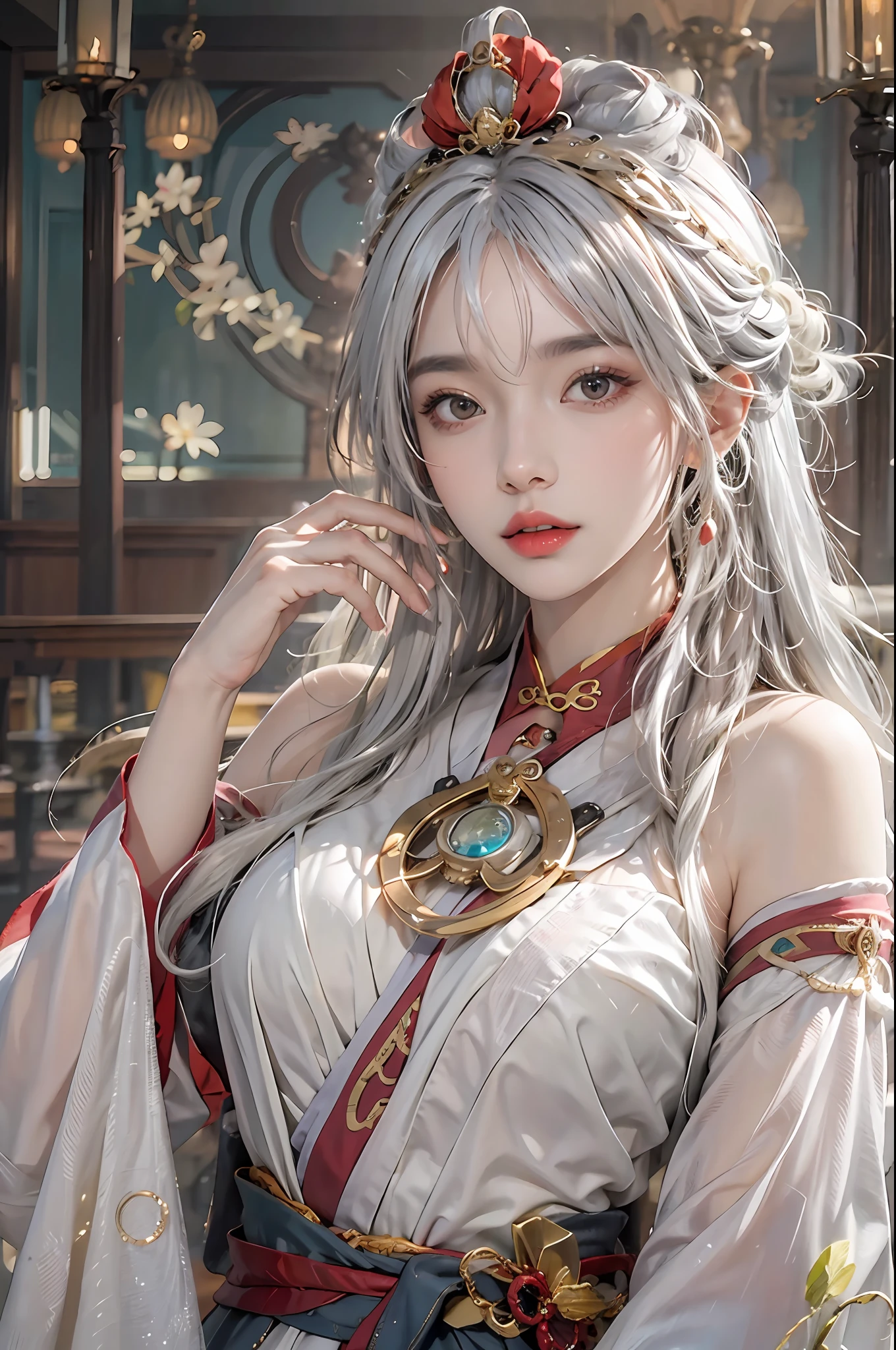 photorealistic, high resolution, 1women, solo, hips up, look at viewer, (detailed face), narrow waist, closed lips, white hair, long hair, ganyu costume, genshin impact, jewelry