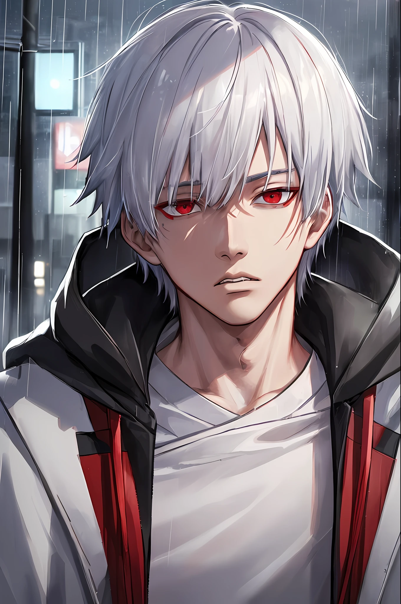 kk, best quality, more details, masterpiece, 1boy, kaneki ken, portrait, male focus, red eyes, solo, bangs, looking at viewer, hood, short hair, rain, tokyo tokyo \(city\),  hood up, nail polish, white hair, luxurious, 8k, detailed, ray tracing, depth of field, cinematic lighting,