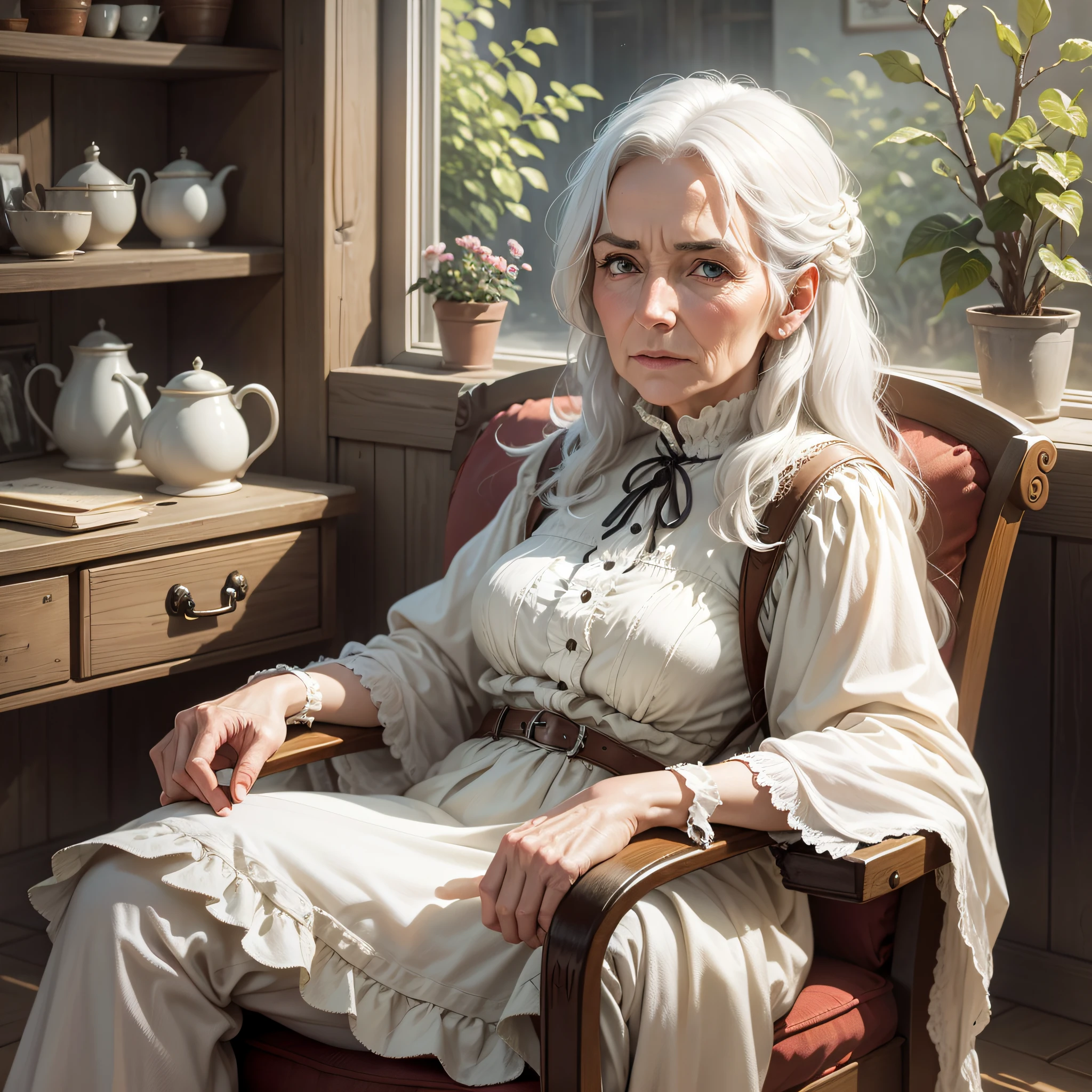 white haired old western woman sits on an armchair in her cottage --auto --s2