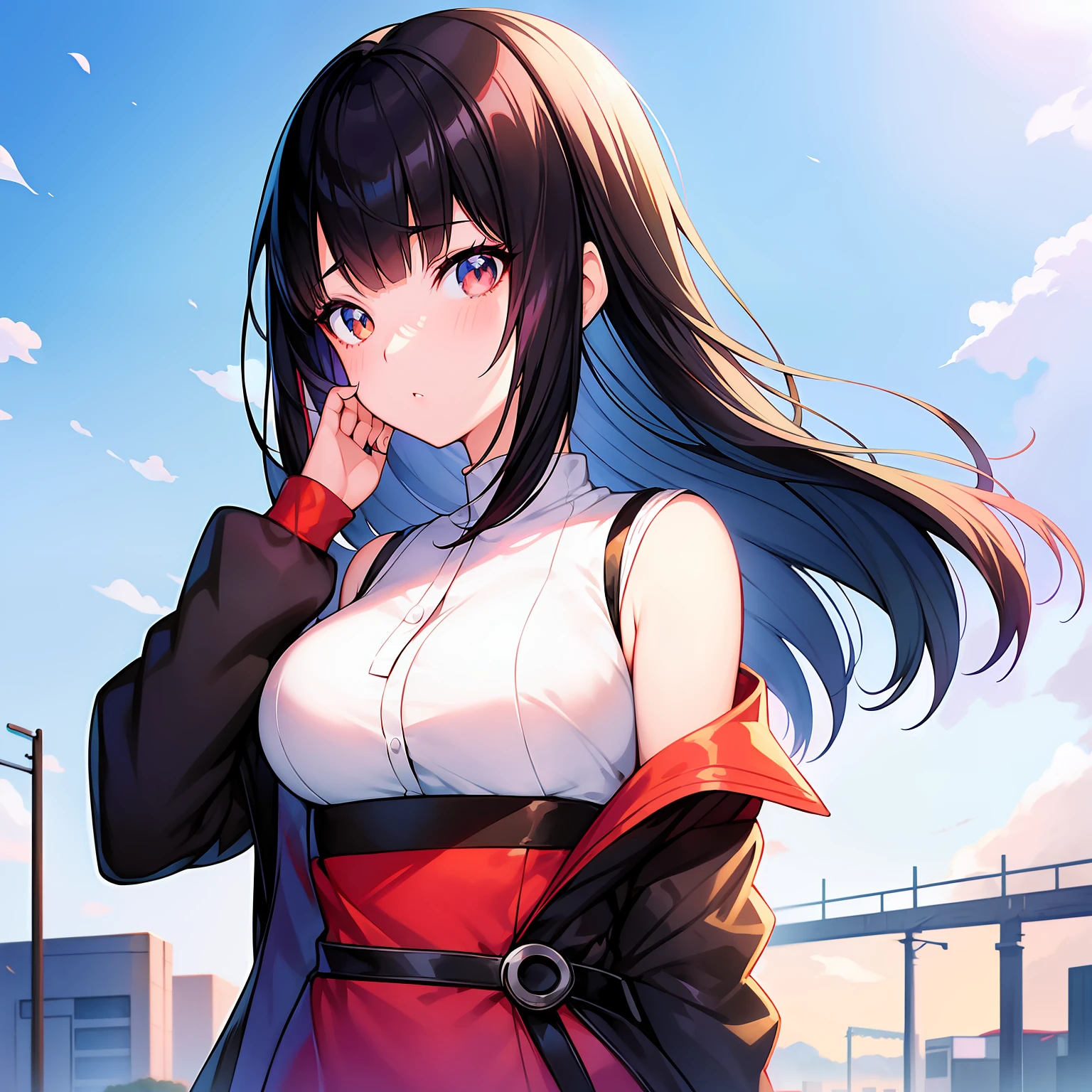 anime girl with black hair and bangs leaning on her chin, retro anime girl, (anime girl), she has black hair with bangs, portrait anime girl, kuvshinov ilya, beautiful anime girl, ilya kuvshinov style, anime style portrait, pretty anime girl, ( ilya kuvshinov ), beautiful anime portrait, kuvshinov, an anime girl