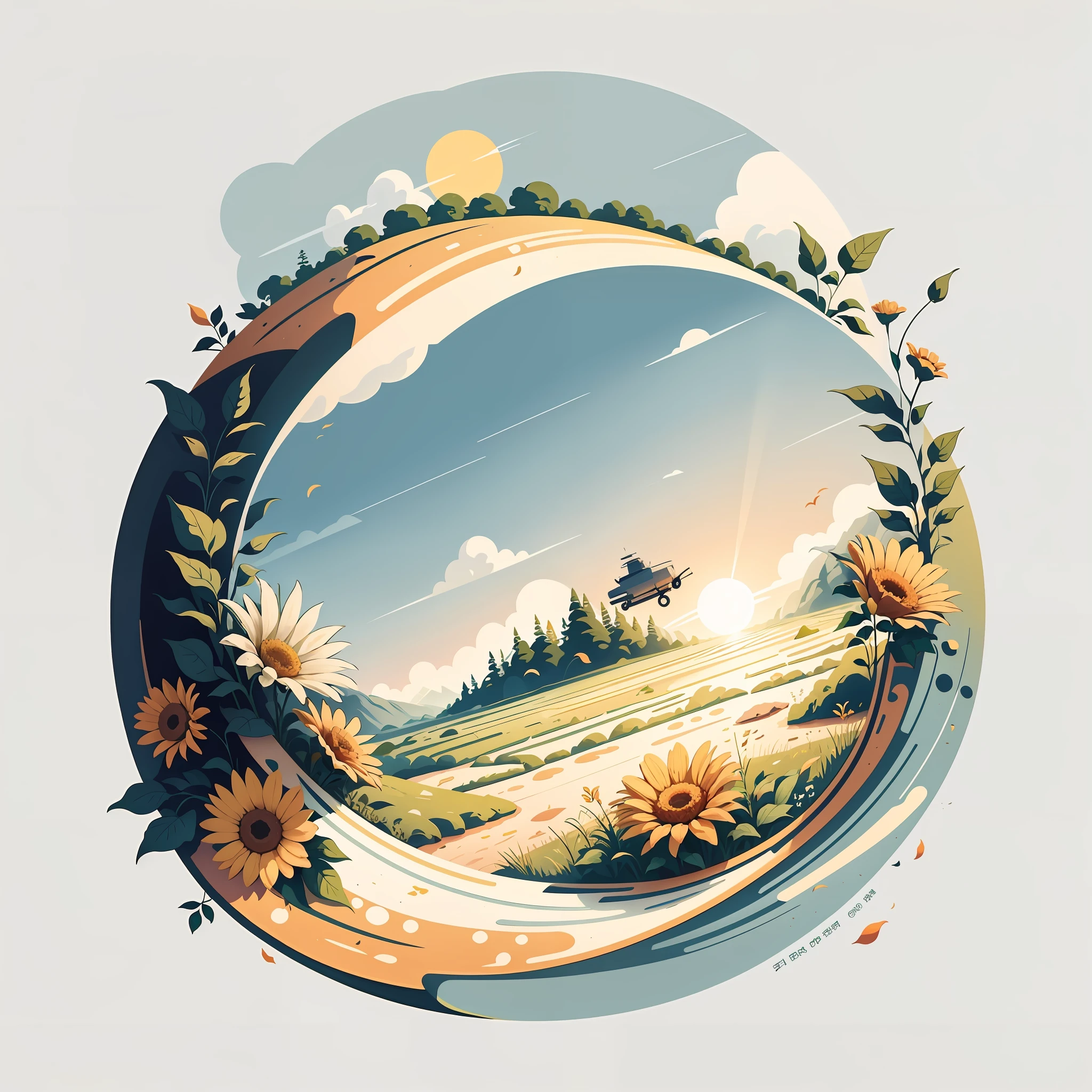 Sting:The sun is shining,flowers blooming,butterfliesdancing,It was as if the earth was shouting the arrival of spring。Mobile wallpaper illustration,Nature views, Minimalist illustration, Line illustration, Colorful。circular composition,Flat illustration。