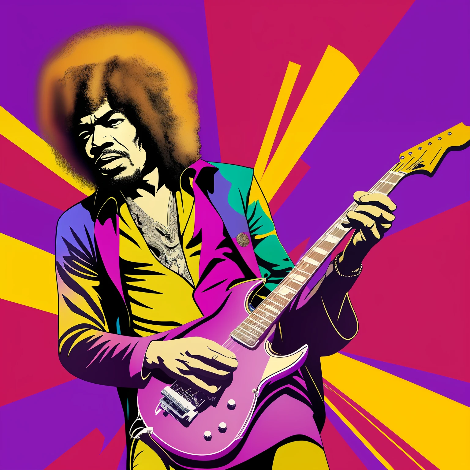 Caricature figure of Jimi Hendrix head, legs, purple dimentional background, high-res, --auto --s2