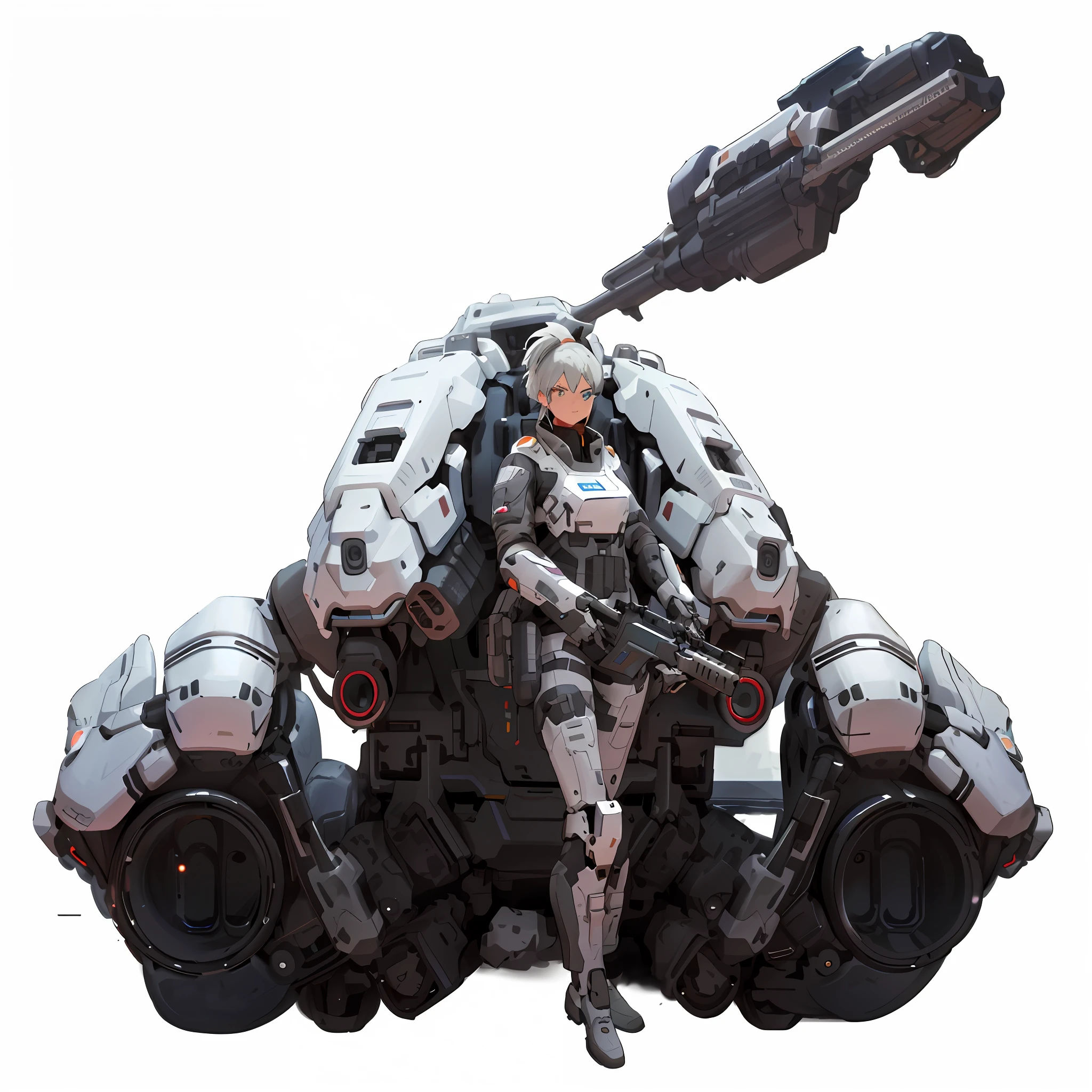 Close-up of a man holding a gun in a vehicle, ferra white mecha, sci fi female character, female mecha, clothed in sci-fi military armor, epic sci-fi character art, epic scifi character art, mechanized soldier girl, hawken, hard surface concept art, Retrato Armored Astronauta Menina, scifi character render