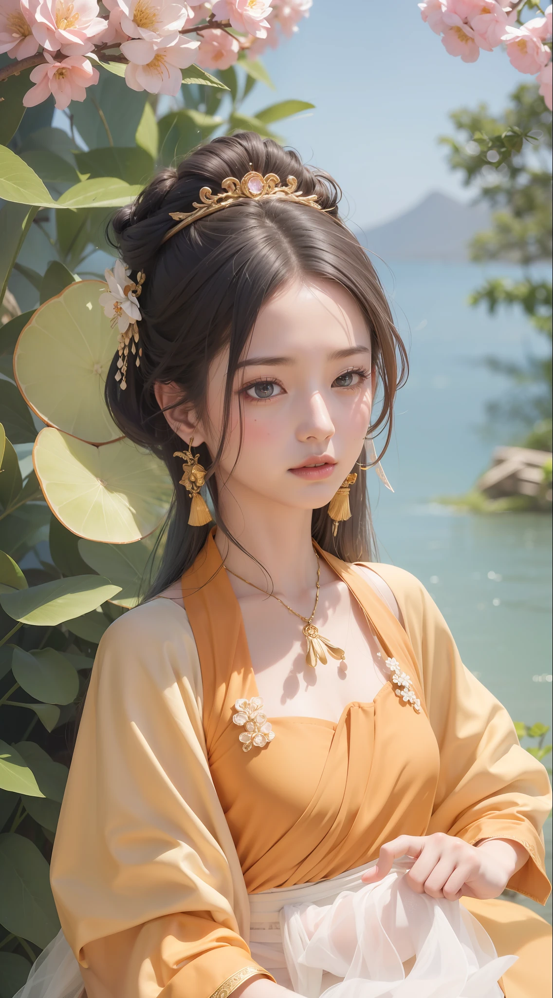Dunhuang style, 1girle, (realistic, photorealistic :1.3), (((dance))), extremely delicate beautiful girl, supple fair skin, delicate facial features, perfect face, light makeup, peach blossom eye makeup, sexy collarbone, portrayed hand details, delicate hands, delicate eyelashes, delicate eyes, bare shoulders, stunning beauty, extreme details, realistic details, best quality, highly detailed, masterpiece, shoulder, navel, flying pipa girl, The background is a Dunhuang mural, dance moves, one hand raised above the head, One hand stretched forward, Buddhist pose, gray hair, long hair, complex hair accessories, Chinese hairpins, fluttering ribbons, dynamic perspective, hair bubbles, flowers on the head, gradient eyes, smile, surrealism, high detail, romanticism, cinematic lighting, glitter, reflected light, UHD, retina, masterpiece, super detail, textured skin, anatomically correct, high detail, best quality, high resolution, high quality, award-winning, 8K