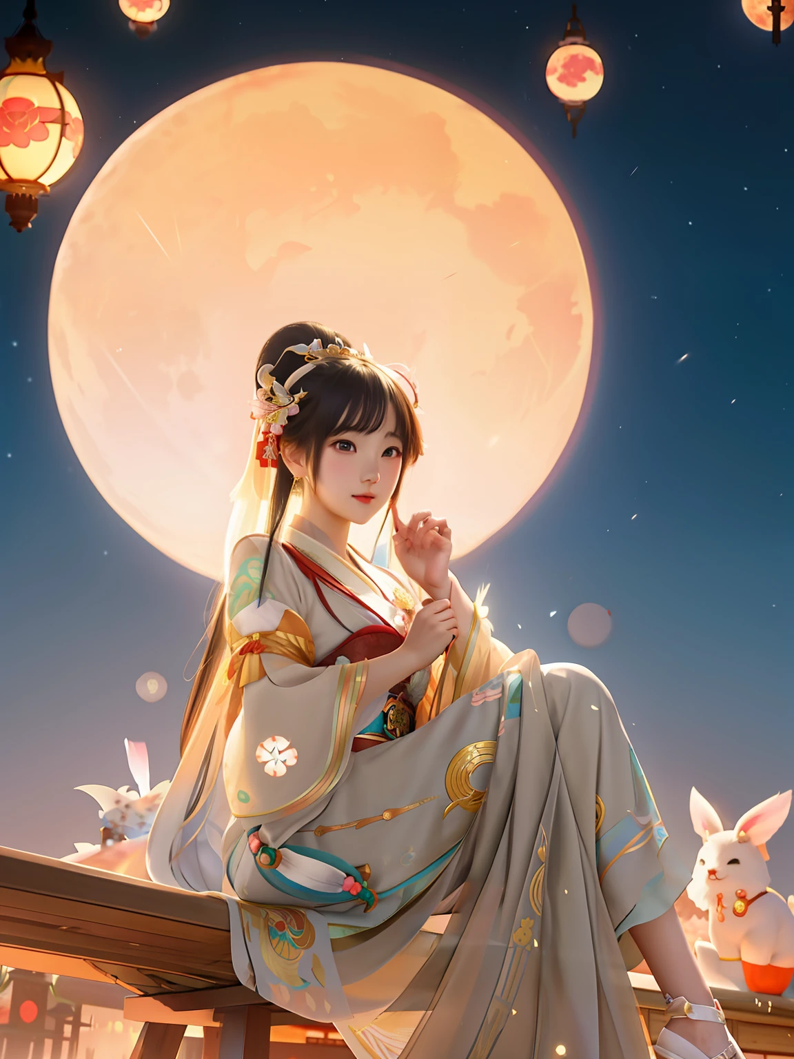 Anime girl sitting on bench,The background is the full moon,background is, Palace , A girl in Hanfu, Guviz-style artwork, trending on cgstation, Guviz, Artgerm and Atey Ghailan, by Yang J, Alphonse mucha and rossdraws, By Li Song, In the style of Ross Tran, author:Li Fangying