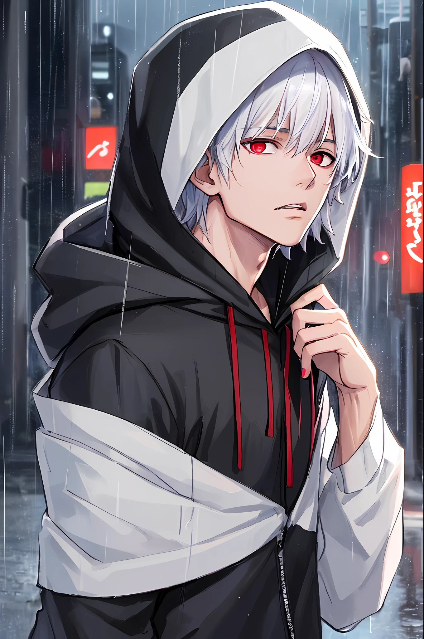 kk, best quality, more details, masterpiece, 1boy, kaneki ken, portrait, male focus, red eyes, solo, bangs, looking at viewer, hood, short hair, rain, tokyo tokyo \(city\), hood up, nail polish, white hair, luxurious, 8k, detailed, ray tracing, depth of field, cinematic lighting,