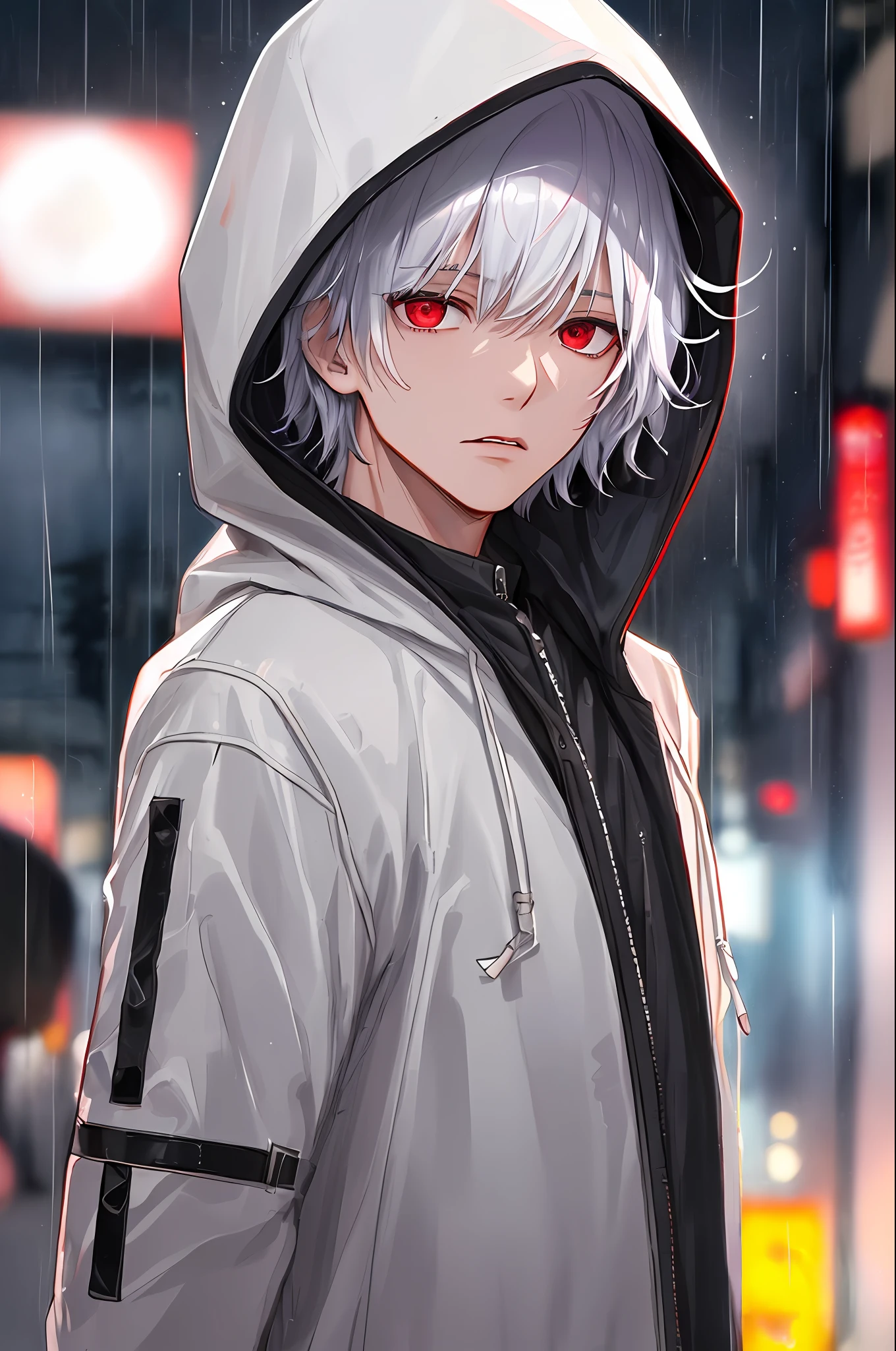 kk, best quality, more details, masterpiece, 1boy, kaneki ken, portrait, male focus, red eyes, solo, bangs, looking at viewer, hood, short hair, rain, tokyo tokyo \(city\), hood up, nail polish, white hair, luxurious, 8k, detailed, ray tracing, depth of field, cinematic lighting,