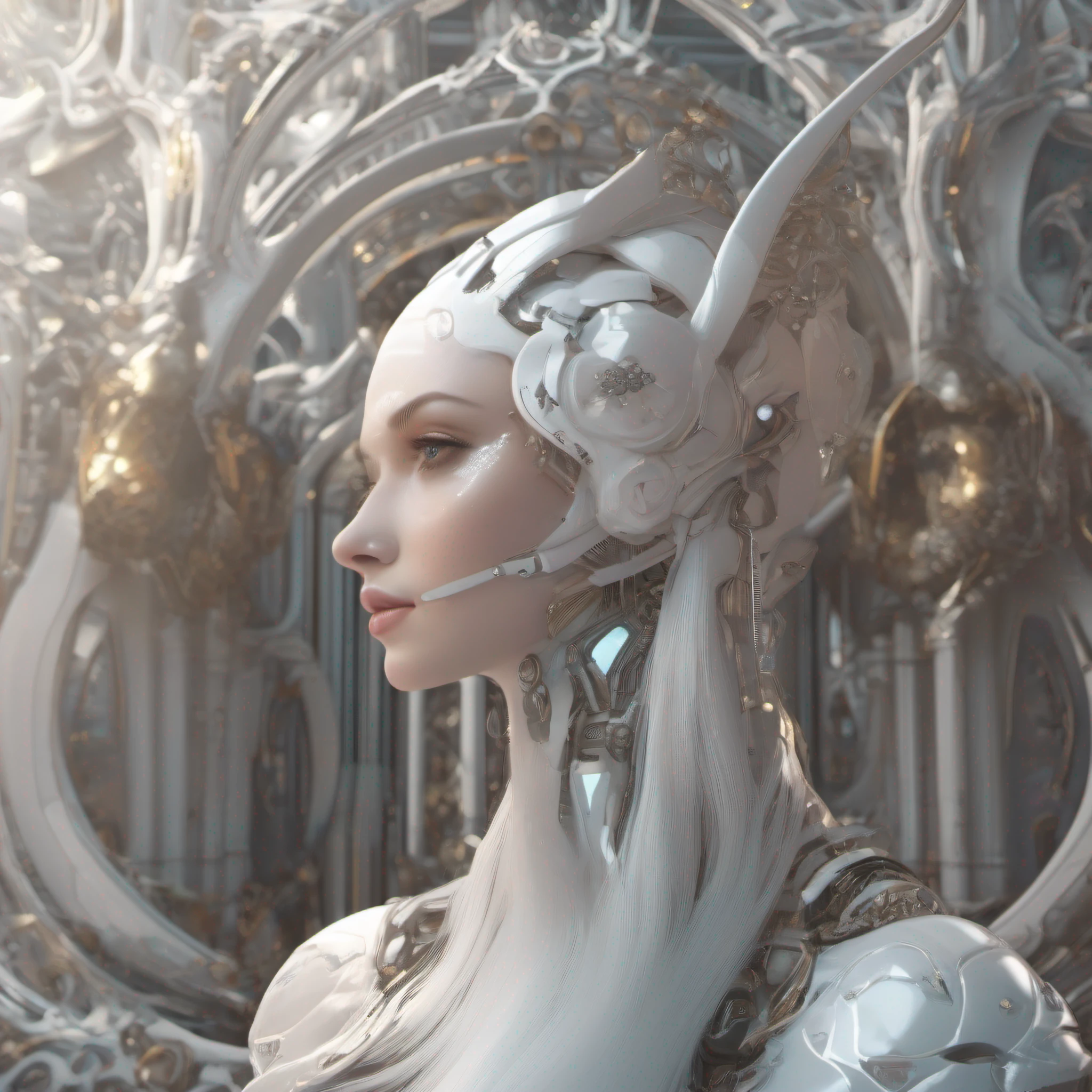 Nana is an organic cyborg, white plastic, diffuselighting, fantasy, Intricate, elegant, Highly detailed, Lifelike, Photorealistic, Digital painting, art stations, illustration, concept-art, smooth, Sharp focus, The art of John Collier and Albert Obright and Krenz Kusart and Artem Demura,Full body photo,