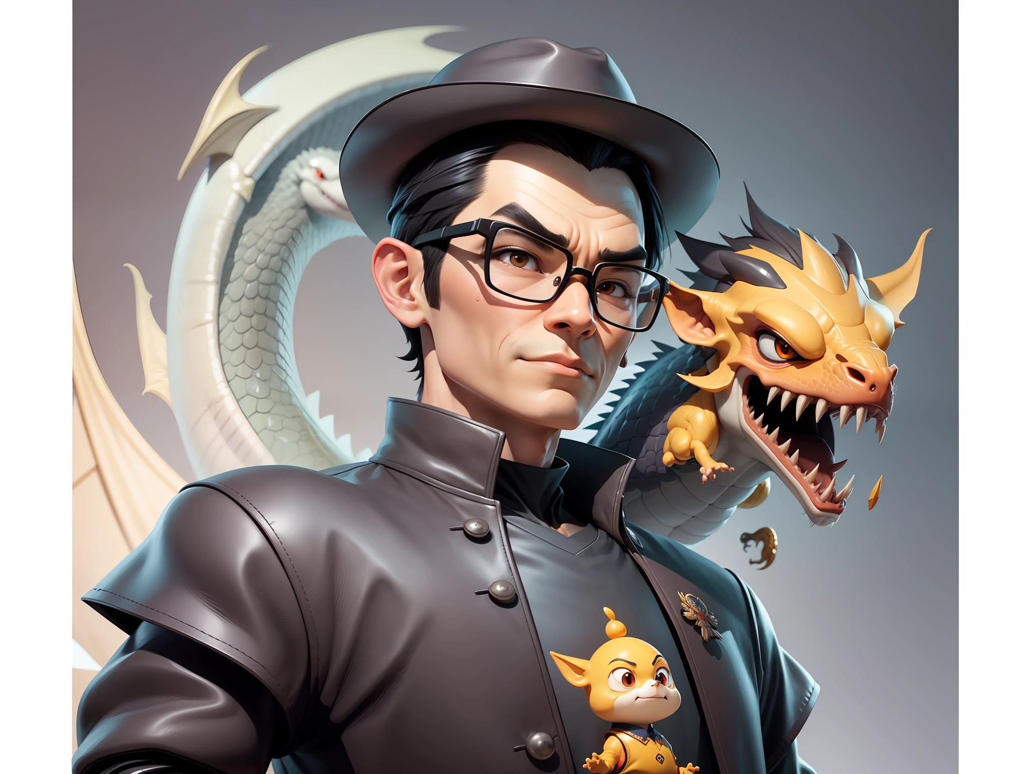 Young man with oriental face in leather hat, dragon, formal suit, short black hair, silver glasses, digital painting, 3D character design by Mark Clairedon and Pixar and Hayao Miyazaki and Akira Toriyama, the illustration is a high-definition illustration in 4K resolution with very detailed facial features and cartoon-style visuals.