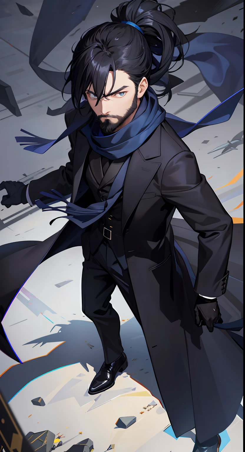 anime, man, dark blue scarf, black suit, black overcoat, short ponytail, tiny beard, black gloves