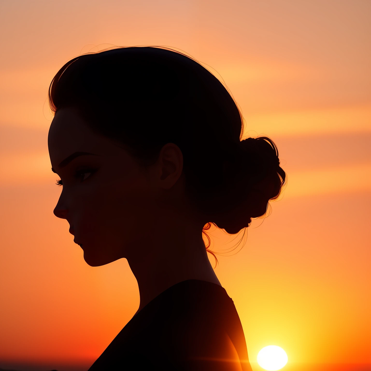 silhouette of a woman with her hair in a bunt at sunset, woman silhouette, a woman's profile, silhouette, silhoutte, silhouette over sunset, sunset glow around head, woman's profile, girl watching sunset, sunset halo behind her head, detailed silhouette, silhouetted, in the sunset, sunset halo around her head, backlit face