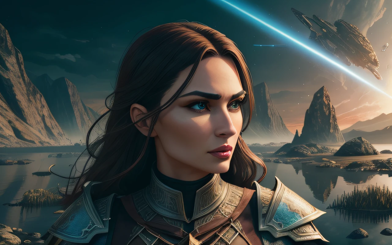 1girl, Mature Woman, Handheld View, (Full Body:1.2), (Fit, Abs, Athletic:0.4), (Sick Downturned Mouth Heavy Drooping Features Pale Sickly Complexion:0.7), ( landscape with saturation, Interdimensional Themes, Crashed Spaceship Location1.0) (Masterpiece, Hypermaximalist, Maximalism, Best Quality, 8k, Highres, Absurdres, 4k, High Quality, Ultra High Res, Highest Quality, Ultra Detailed, 8k Uhd, Realistic, Highly Detailed, Ultra-Detailed:1.0), (Cinematic Lighting, Hdr, Raw Photo, Sharp Focus, Photorealistic, Realistic:1.0), (Rectangular shaped face, Prominent Face Features, Prominent Nose, Prominent Cheekbones, Prominent Eyebrows,:1.2), (Beautiful Face, Detailed Face, Beautiful Eyes, Detailed Eyes, Beautiful Detailed Eyes:1.0), Arcane Archer wearing Metal Heavy Scale mail Armor,